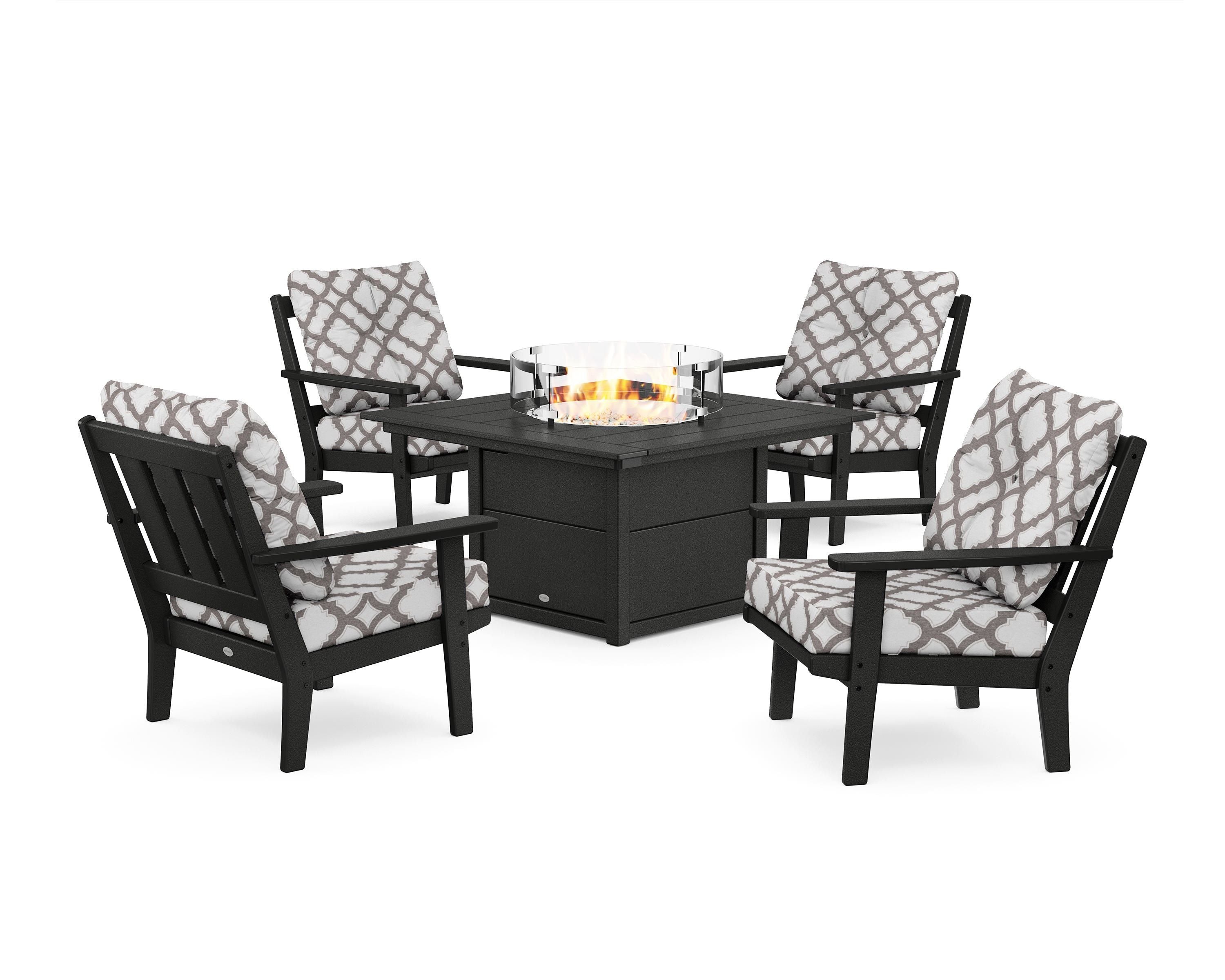 POLYWOOD® Oxford 5-Piece Deep Seating Set with Fire Pit Table in Black / Trellis Grey Mist