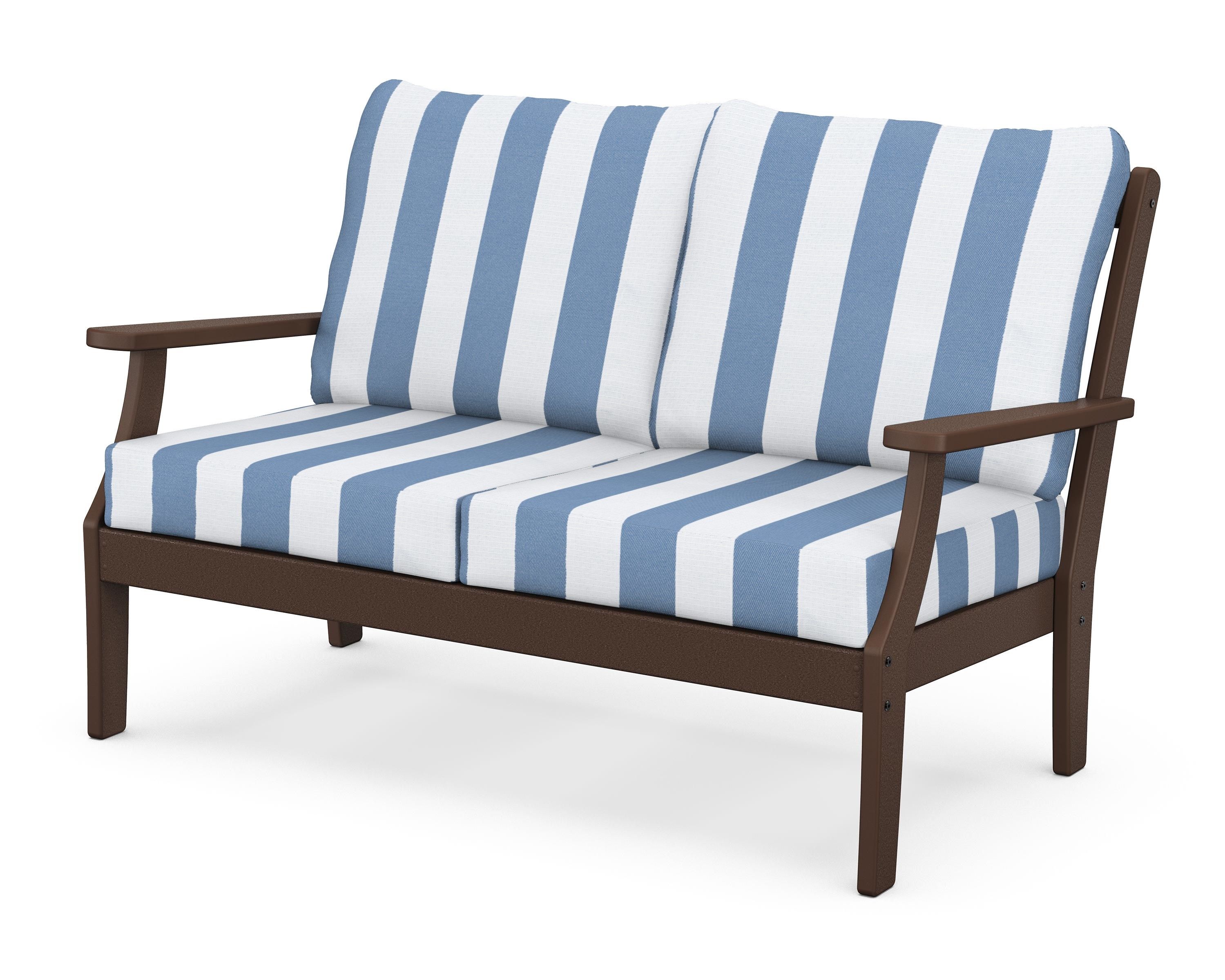 POLYWOOD® Braxton Deep Seating Loveseat in Mahogany / Cabana Stripe Sky Blue