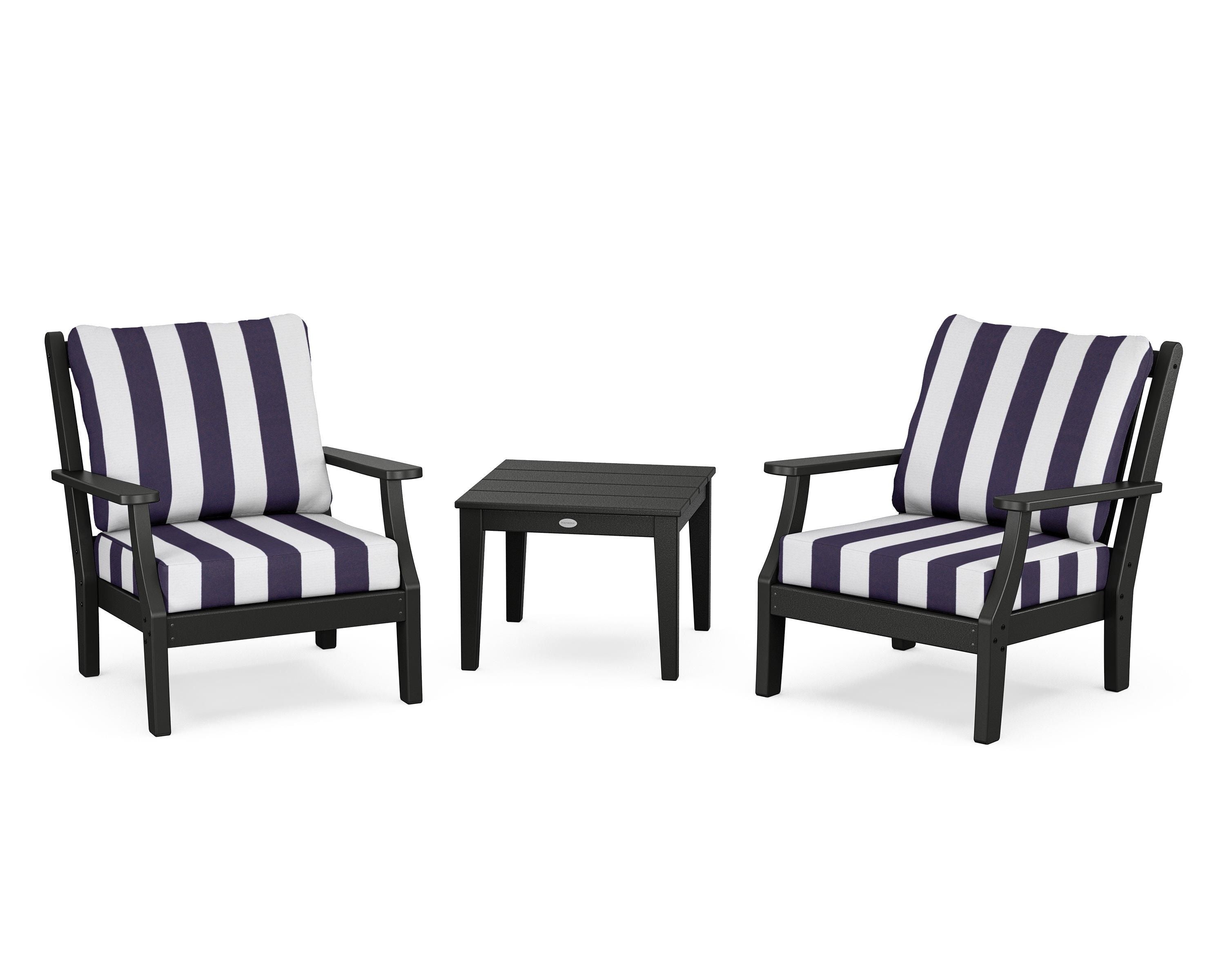 Country Living Wovendale 3-Piece Deep Seating Set in Black / Cabana Stripe Navy
