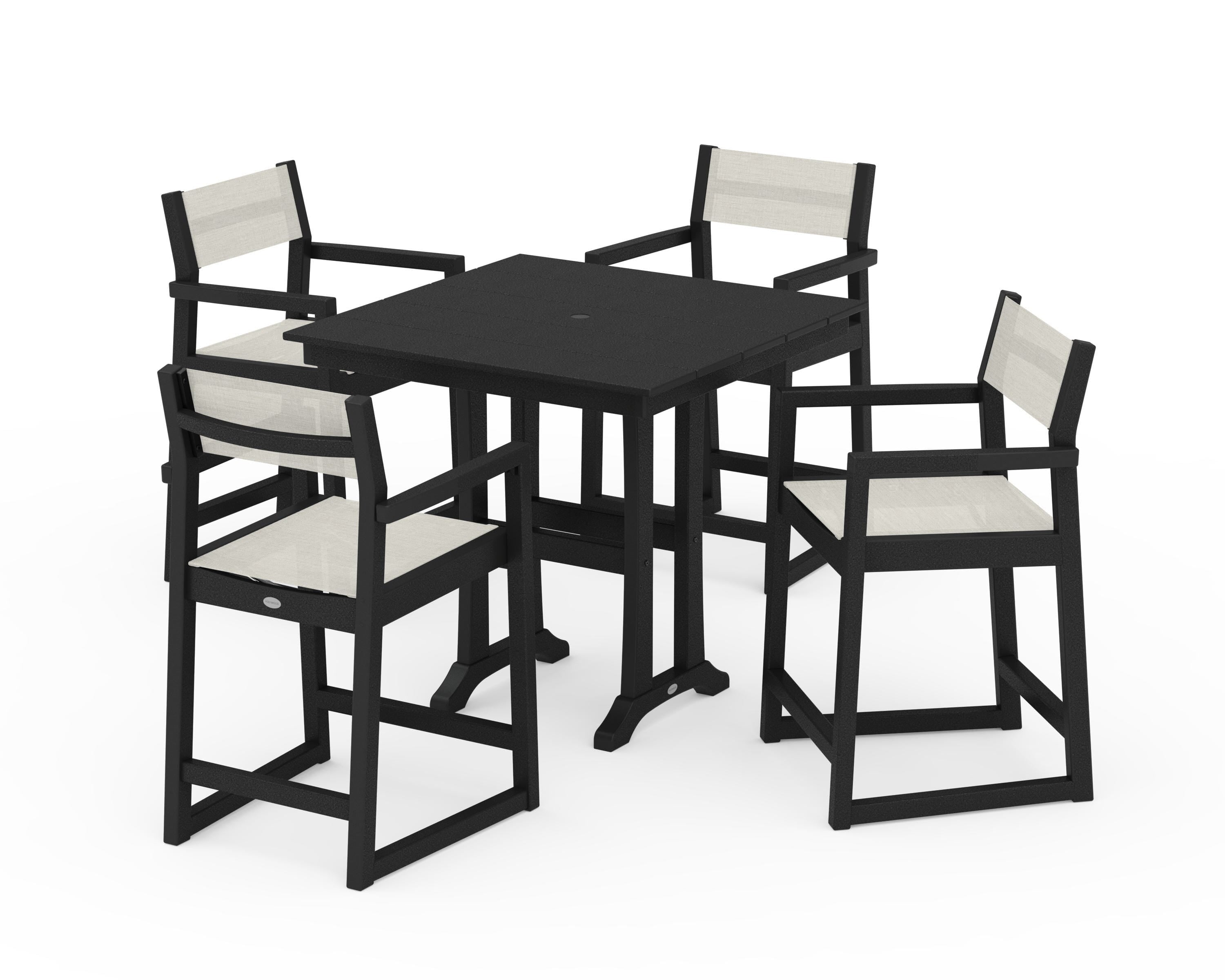 POLYWOOD® EDGE Sling Arm Chair 5-Piece Farmhouse Counter Set with Trestle Legs in Black / Parchment Sling