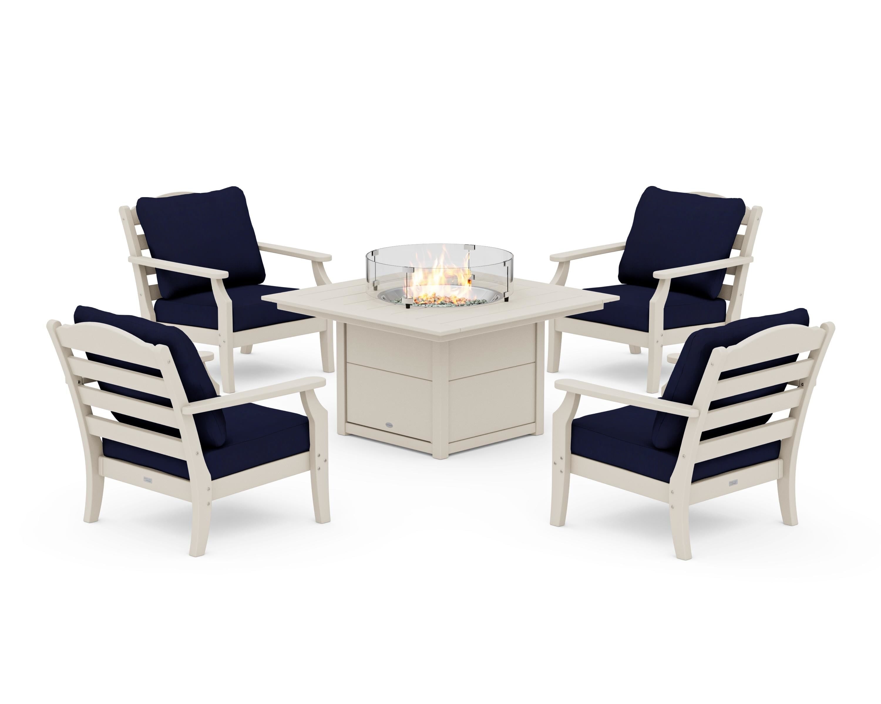 Draper James™ by POLYWOOD® Savannah 5-Piece Deep Seating Set with Fire Pit Table in Sand / Navy