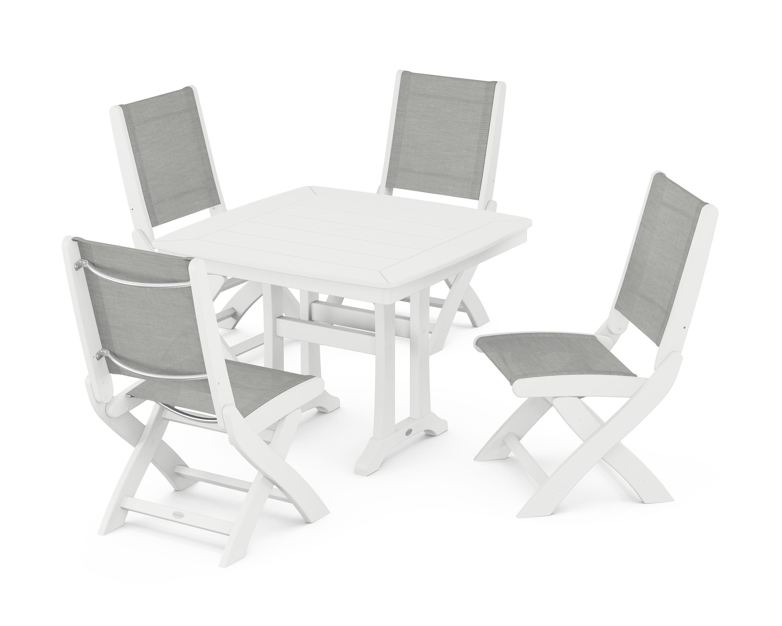POLYWOOD® Coastal Folding Side Chair 5-Piece Dining Set with Trestle Legs in White / Metallic Sling
