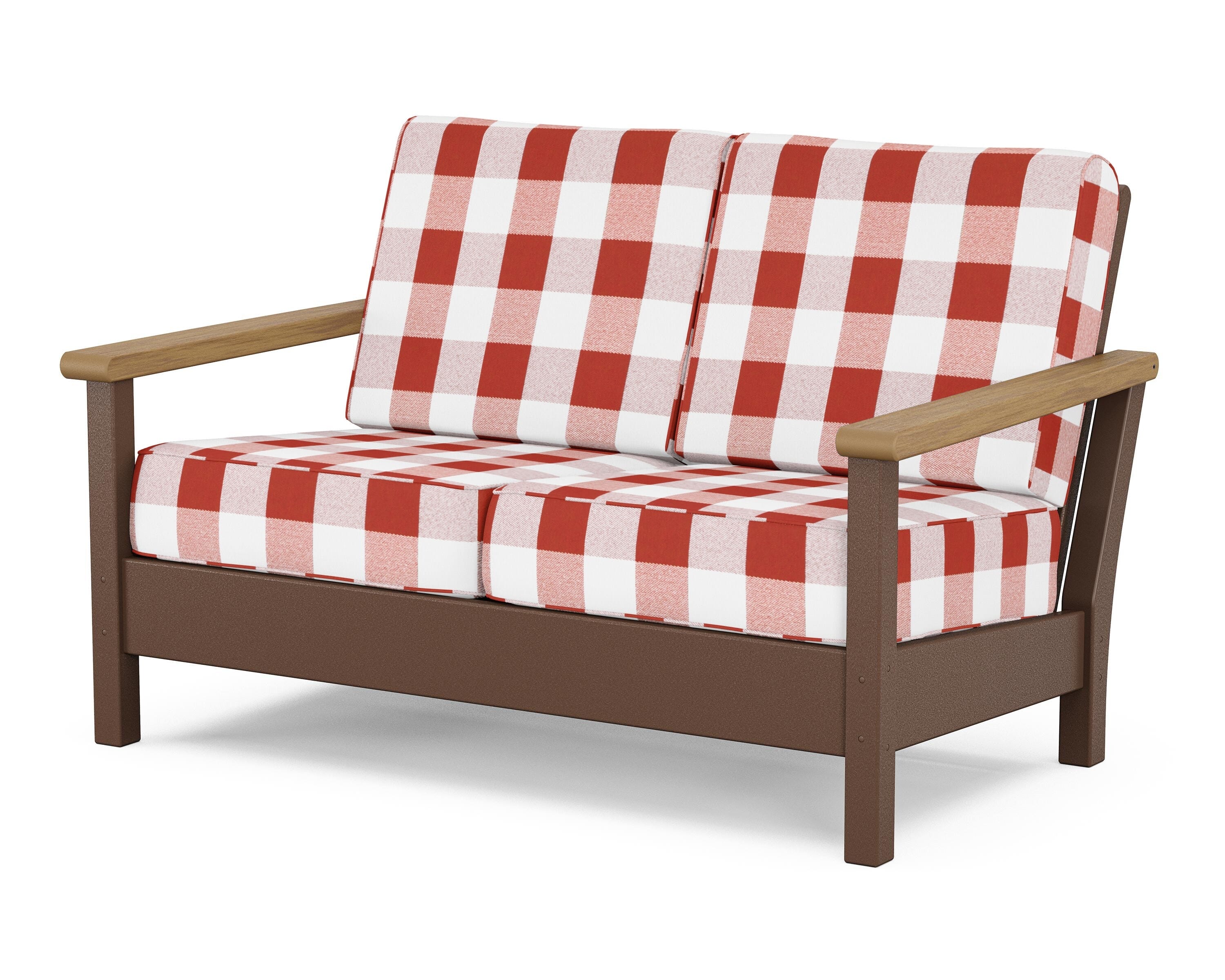 POLYWOOD® Harbour Deep Seating Loveseat in Mahogany / Natural / Buffalo Plaid Crimson