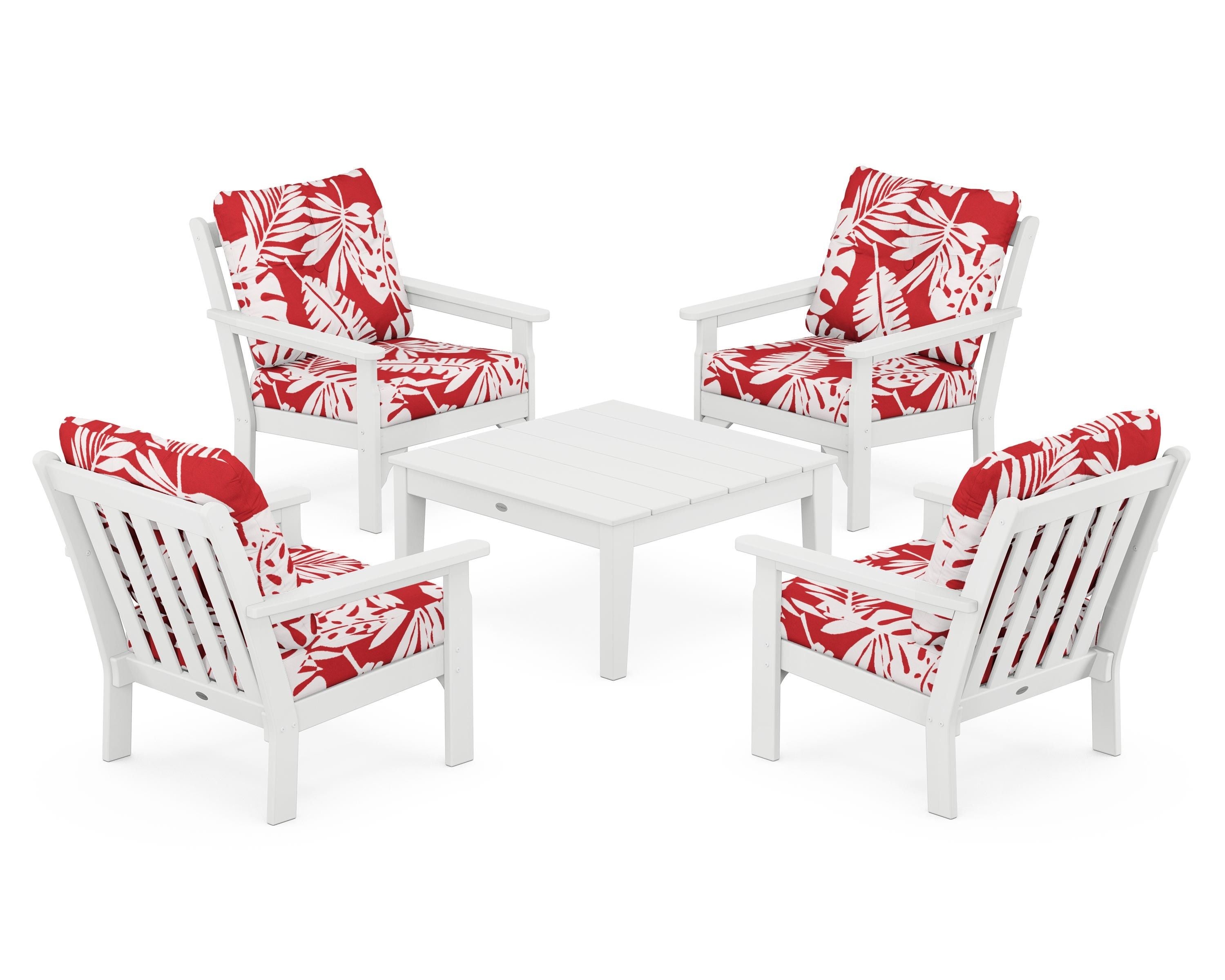 POLYWOOD® Vineyard 5-Piece Deep Seating Conversation Set in White / Leaf Crimson