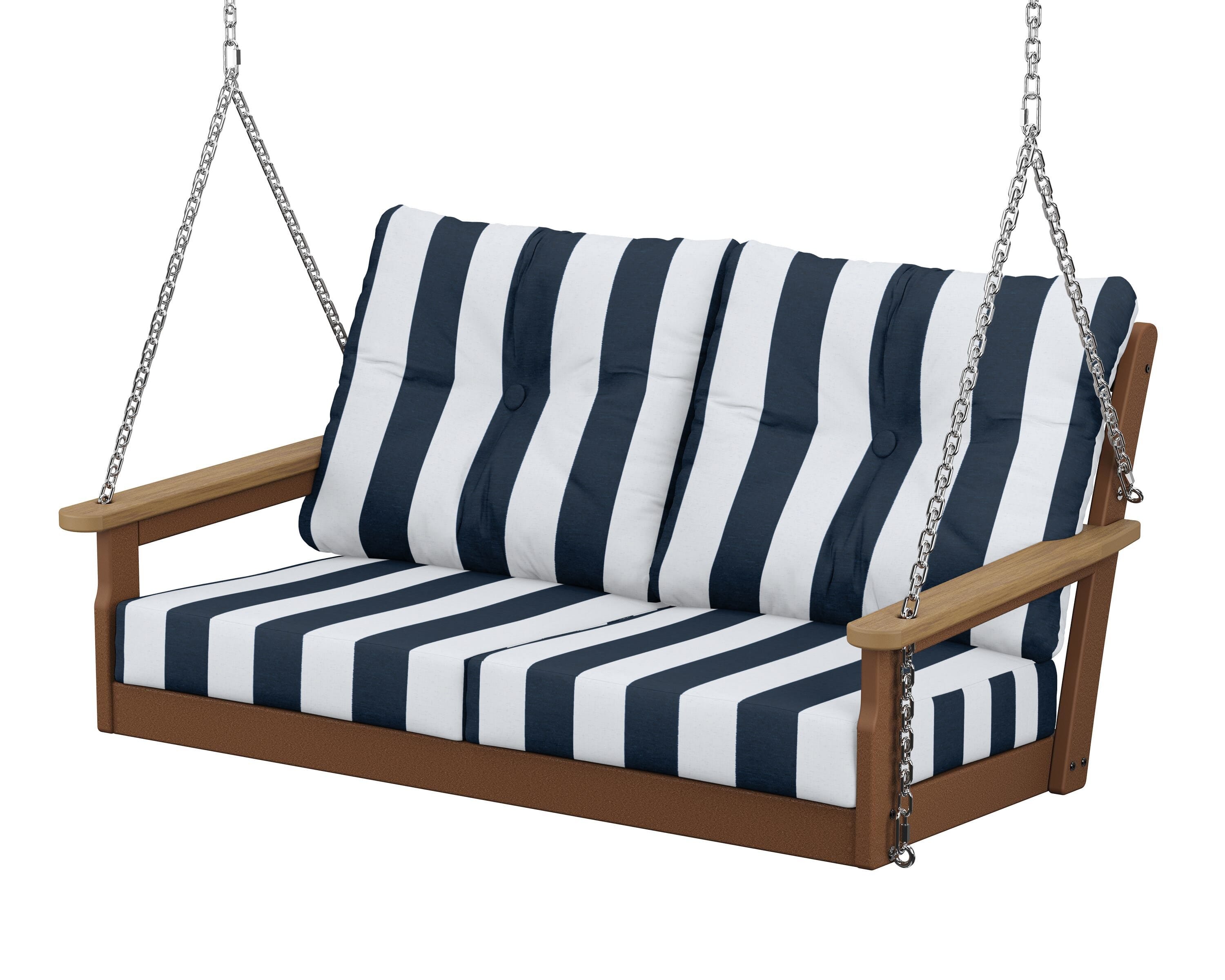 POLYWOOD® Vineyard Deep Seating Swing in Teak / Natural / Cabana Stripe Marine Indigo