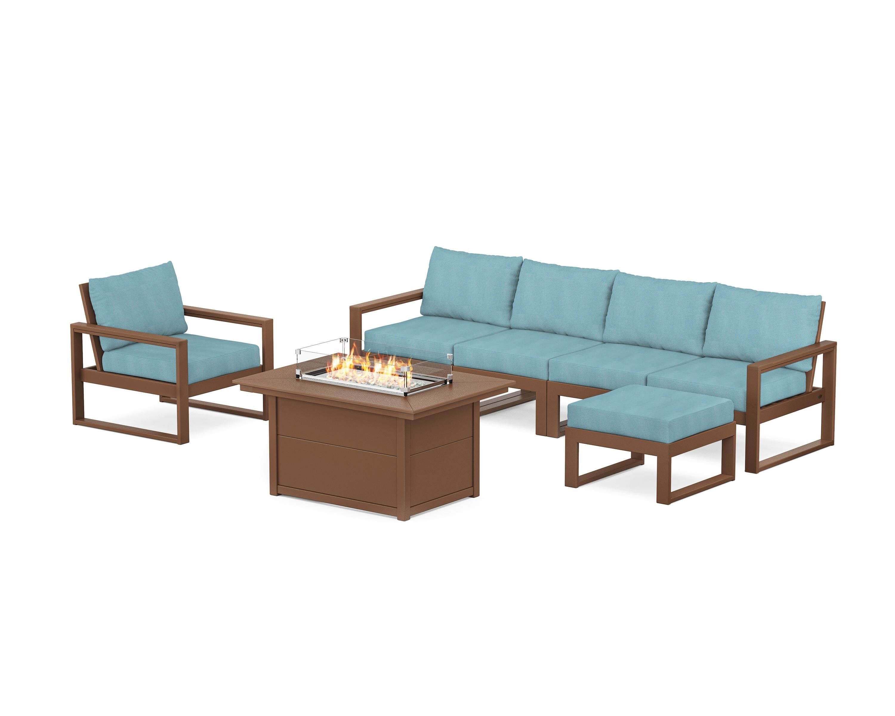 POLYWOOD® EDGE Sectional Lounge and Fire Pit Set in Teak / Lattice Sky Blue