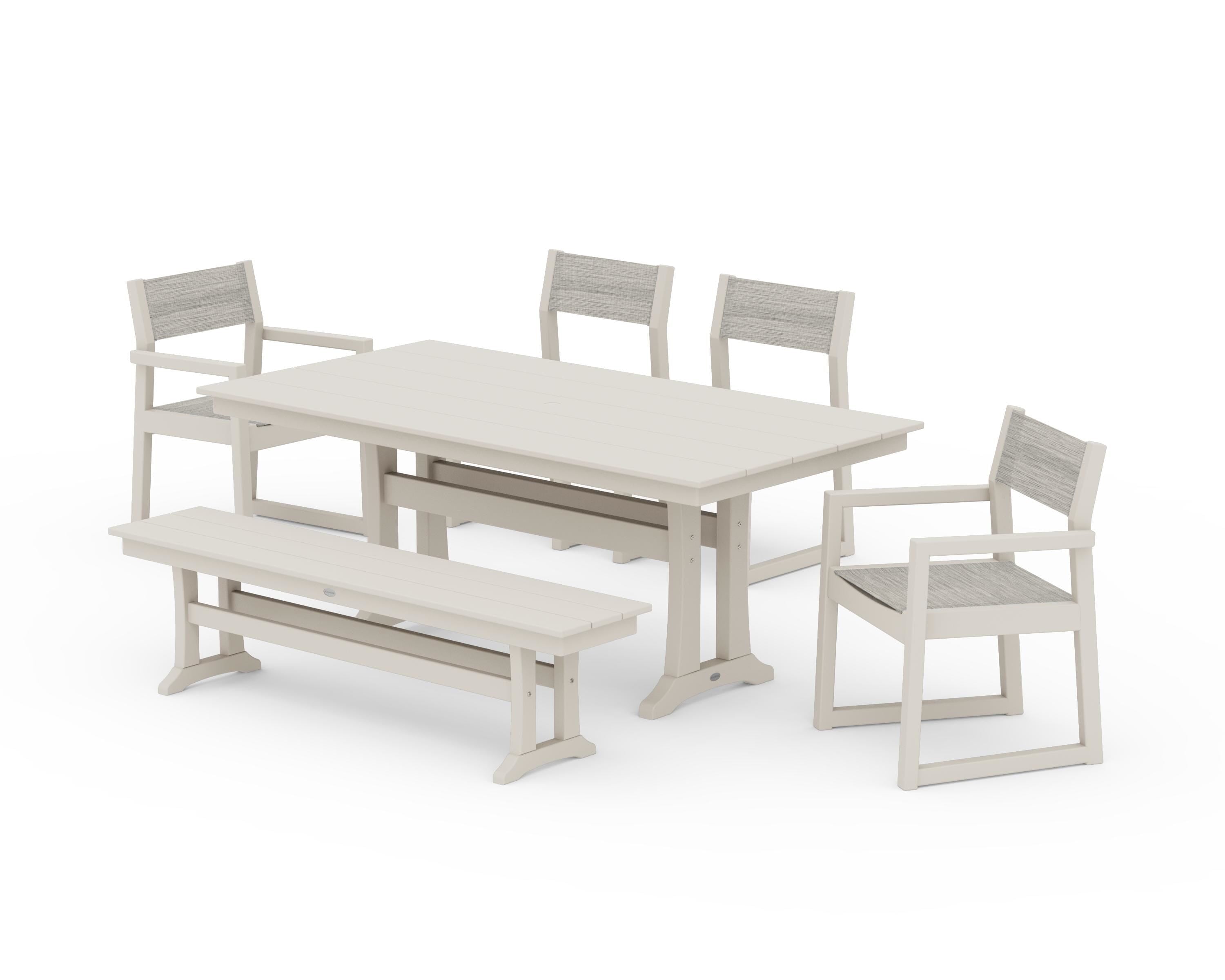 POLYWOOD® EDGE Sling 6-Piece Farmhouse Dining Set With Trestle Legs in Sand / Birch Sling