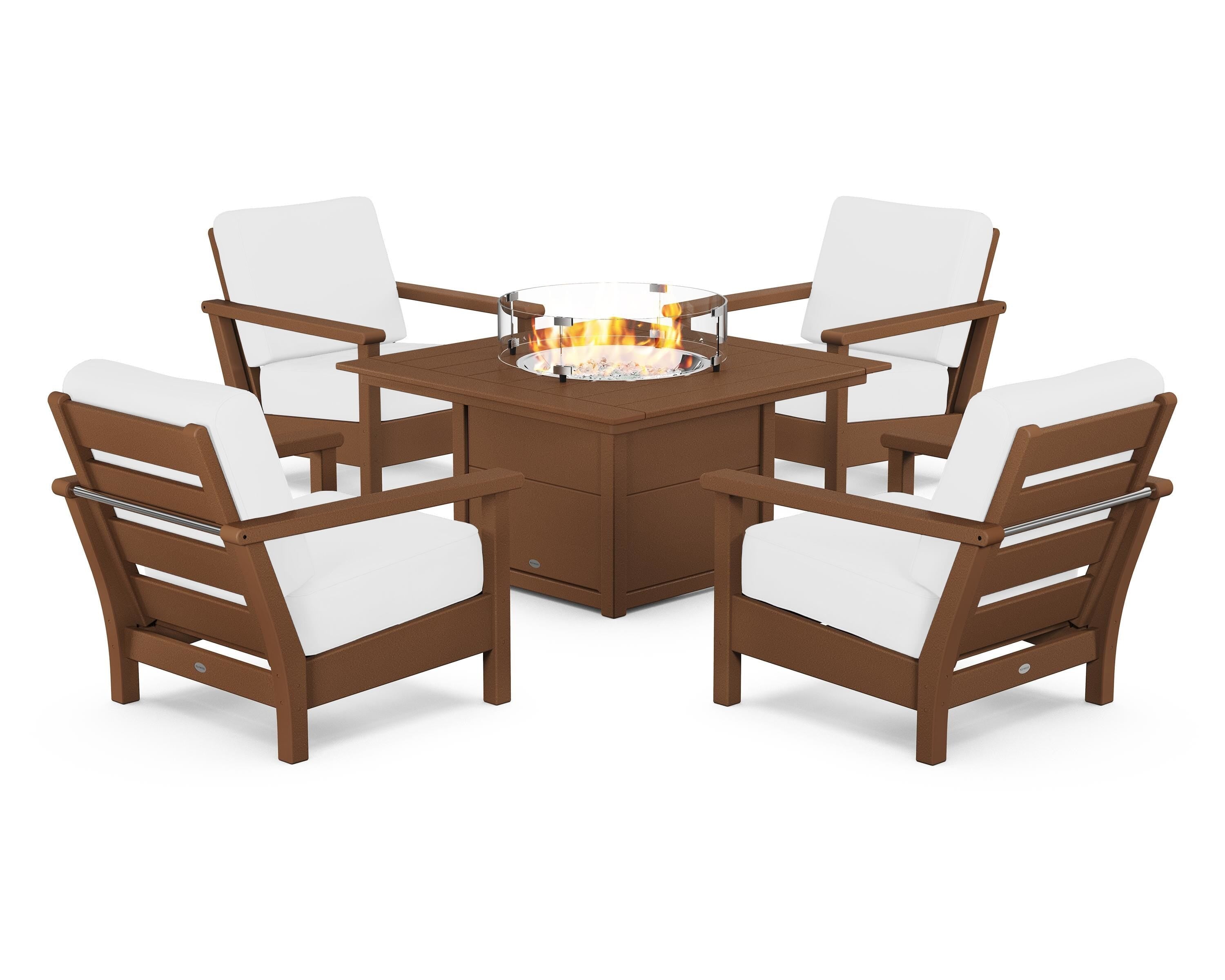 POLYWOOD® Harbour 5-Piece Conversation Set with Fire Pit Table in Teak / Natural
