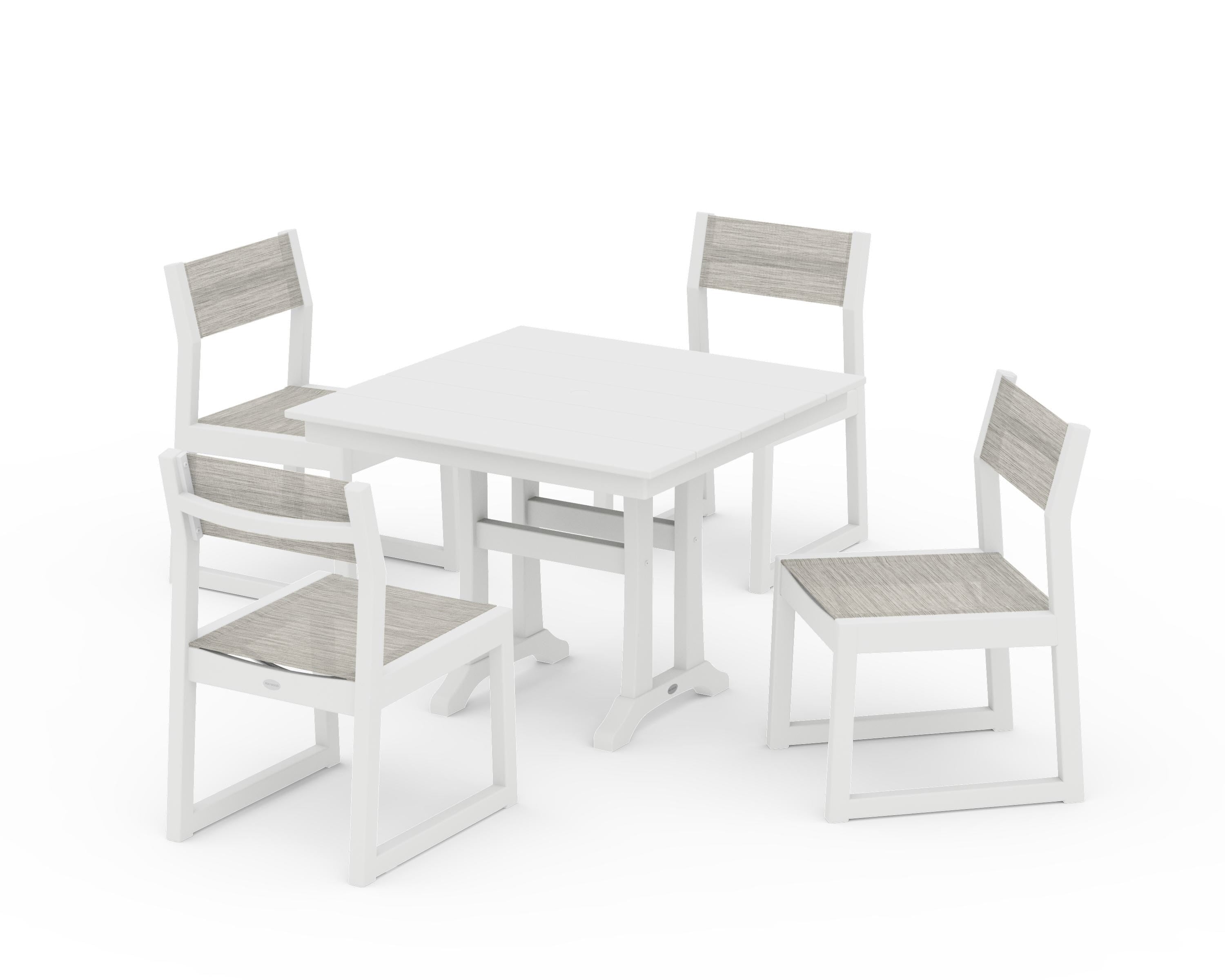 POLYWOOD® EDGE Sling 5-Piece Farmhouse Trestle Side Chair Dining Set in White / Birch Sling