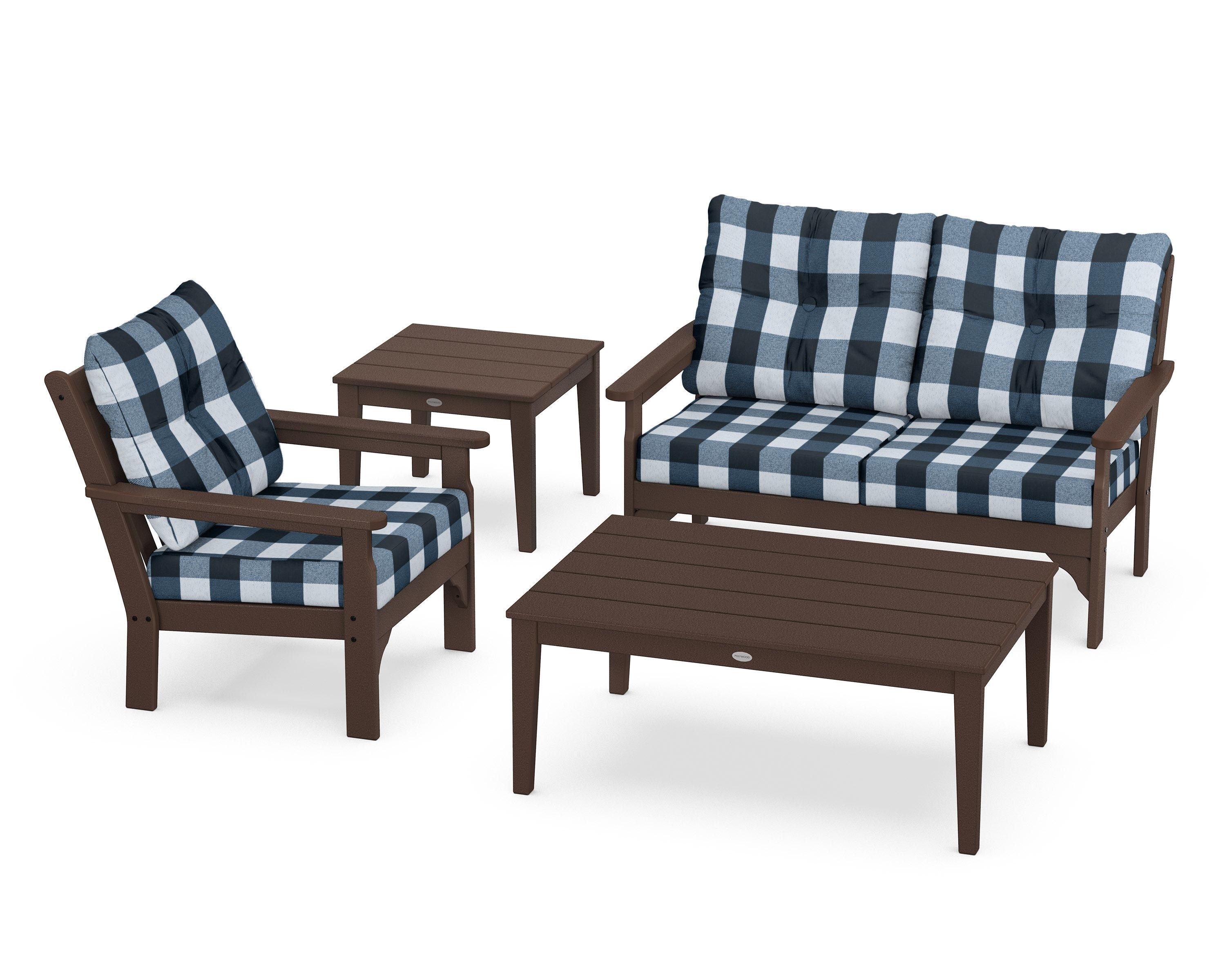 POLYWOOD® Vineyard 4-Piece Deep Seating Set in Mahogany / Buffalo Plaid Marine Indigo