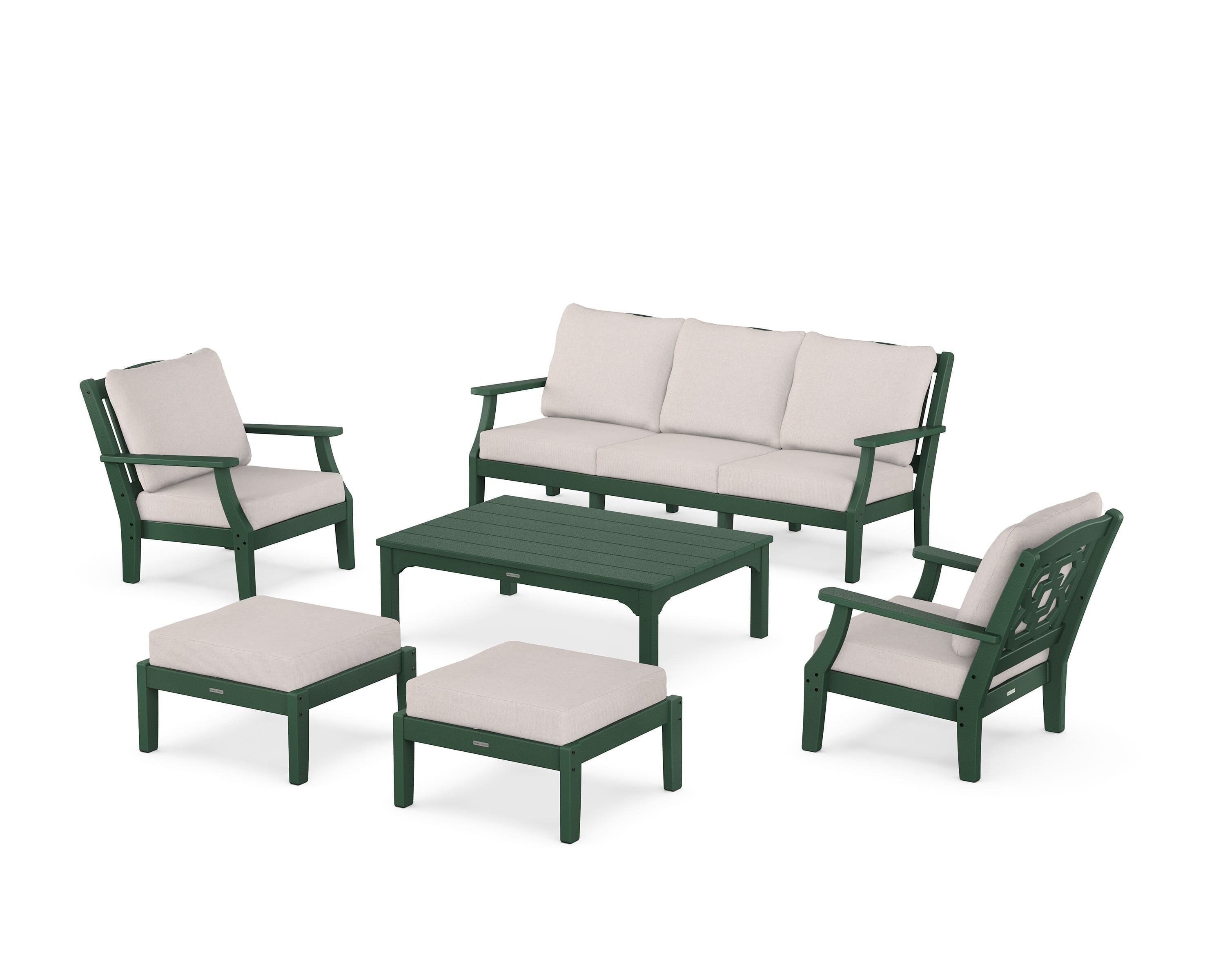 Martha Stewart by POLYWOOD® Chinoiserie 6-Piece Lounge Sofa Set in Green / Dune Burlap