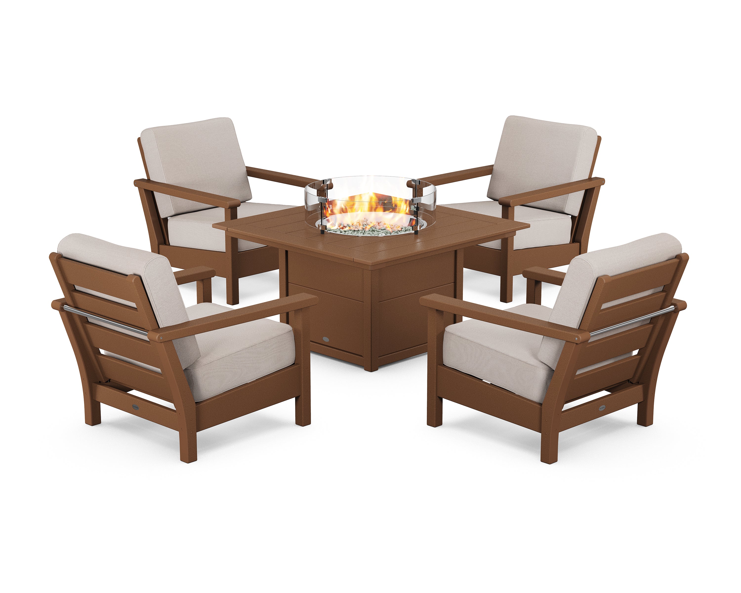 POLYWOOD® Harbour 5-Piece Conversation Set with Fire Pit Table in Teak / Dune Burlap