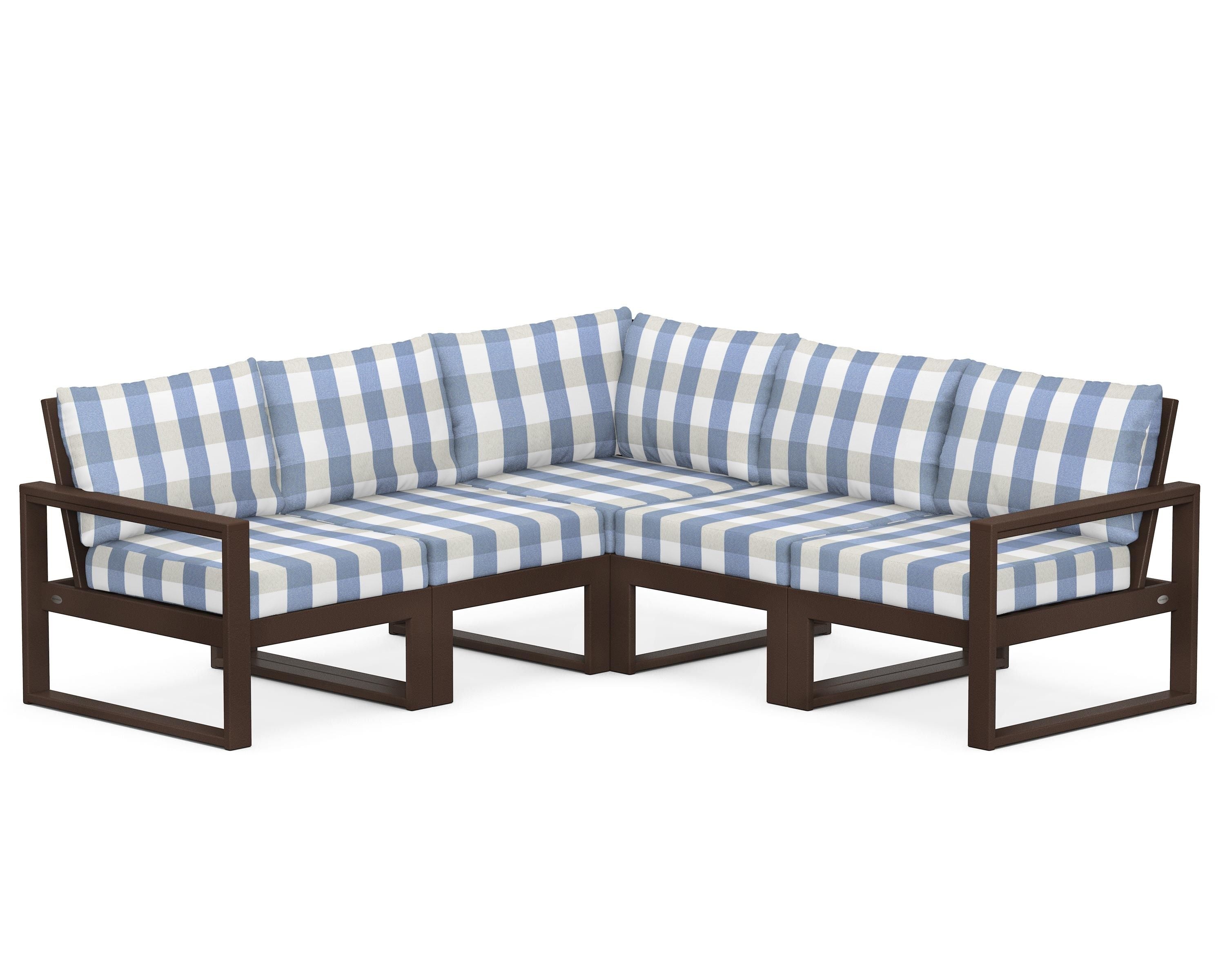 POLYWOOD® EDGE 5-Piece Modular Deep Seating Set in Mahogany / Buffalo Plaid Sky Blue