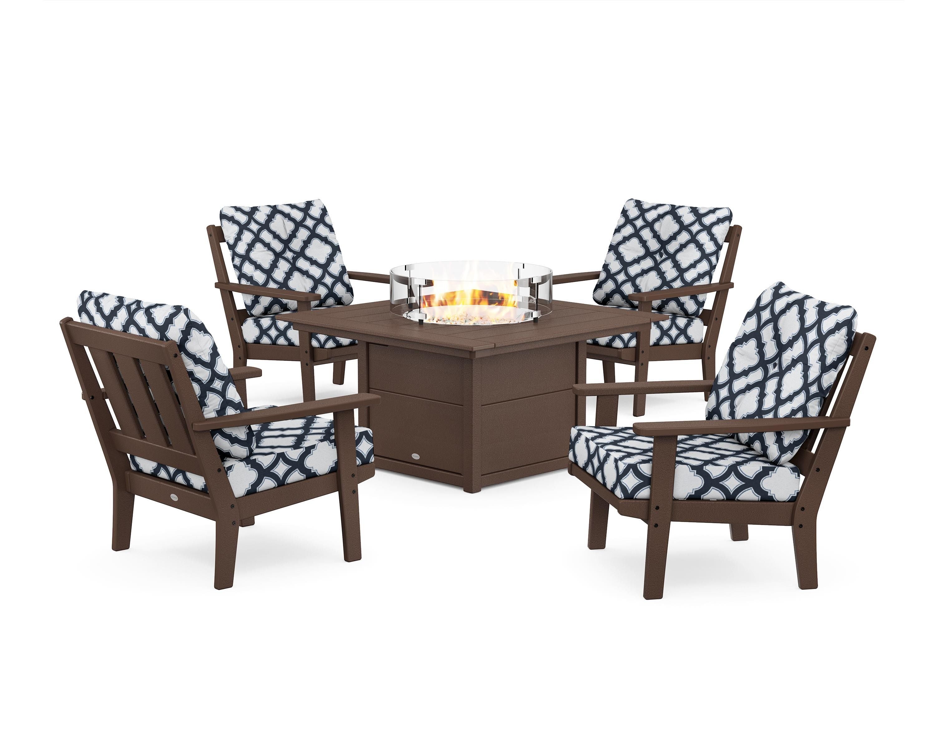 POLYWOOD® Oxford 5-Piece Deep Seating Set with Fire Pit Table in Mahogany / Trellis Marine Indigo