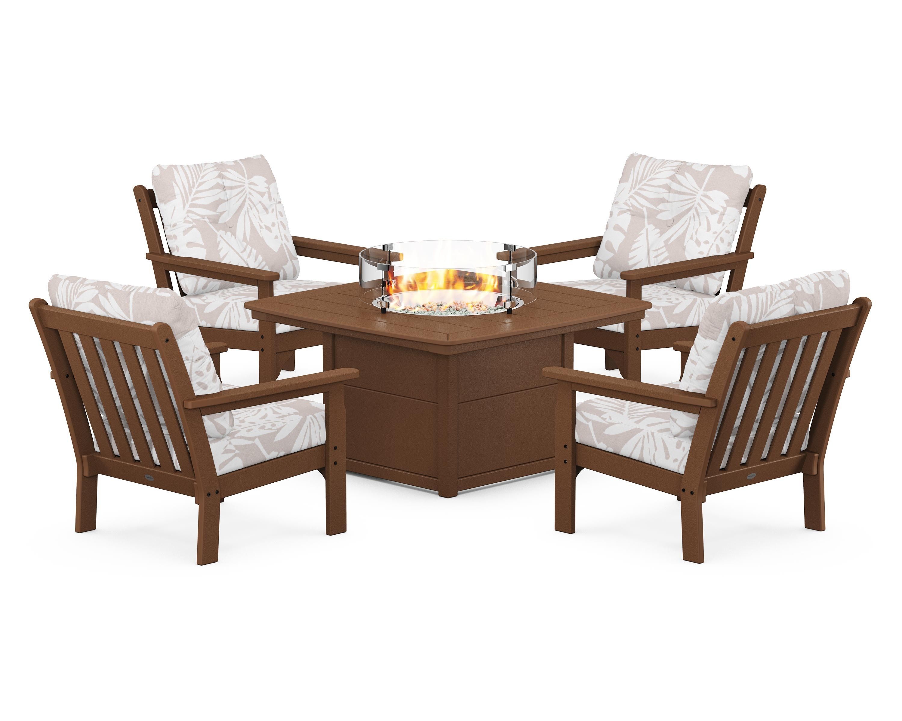 POLYWOOD® Vineyard 5-Piece Conversation Set with Fire Pit Table in Teak / Leaf Dune Burlap