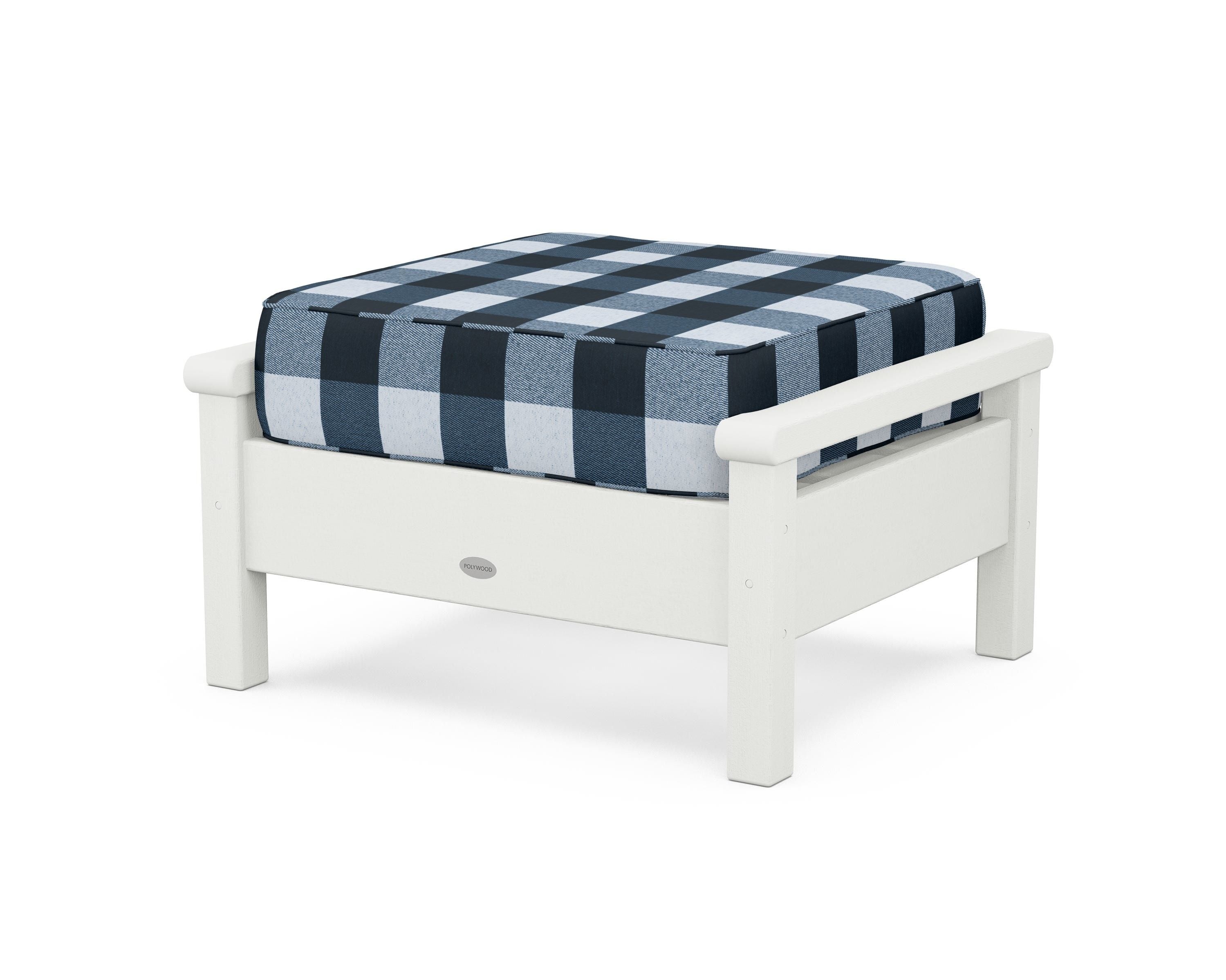 POLYWOOD® Harbour Deep Seating Ottoman in Vintage White / Buffalo Plaid Marine Indigo