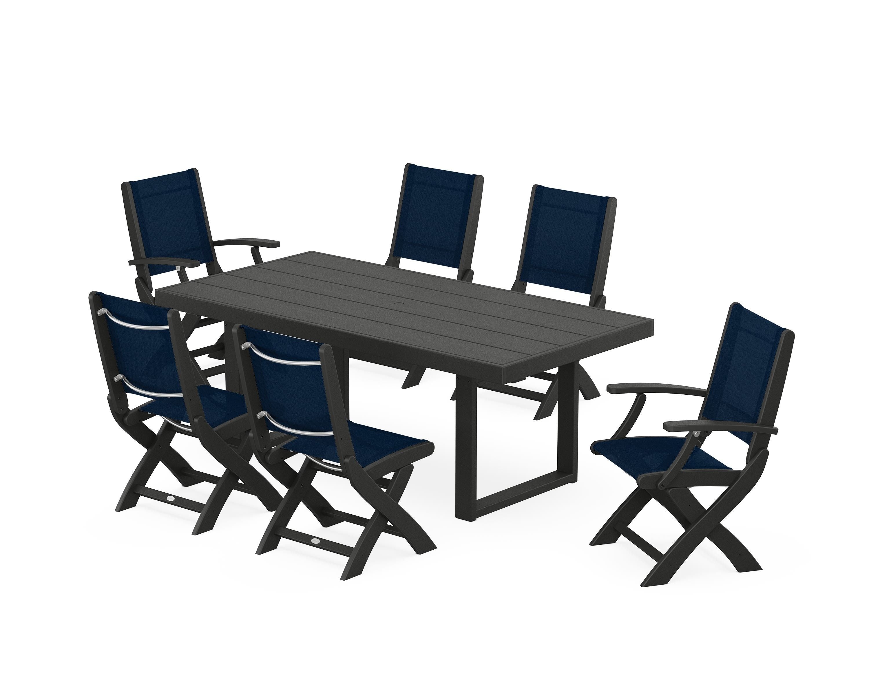 POLYWOOD® Coastal Folding Chair 7-Piece Dining Set with Trestle Legs in Black / Navy Blue Sling