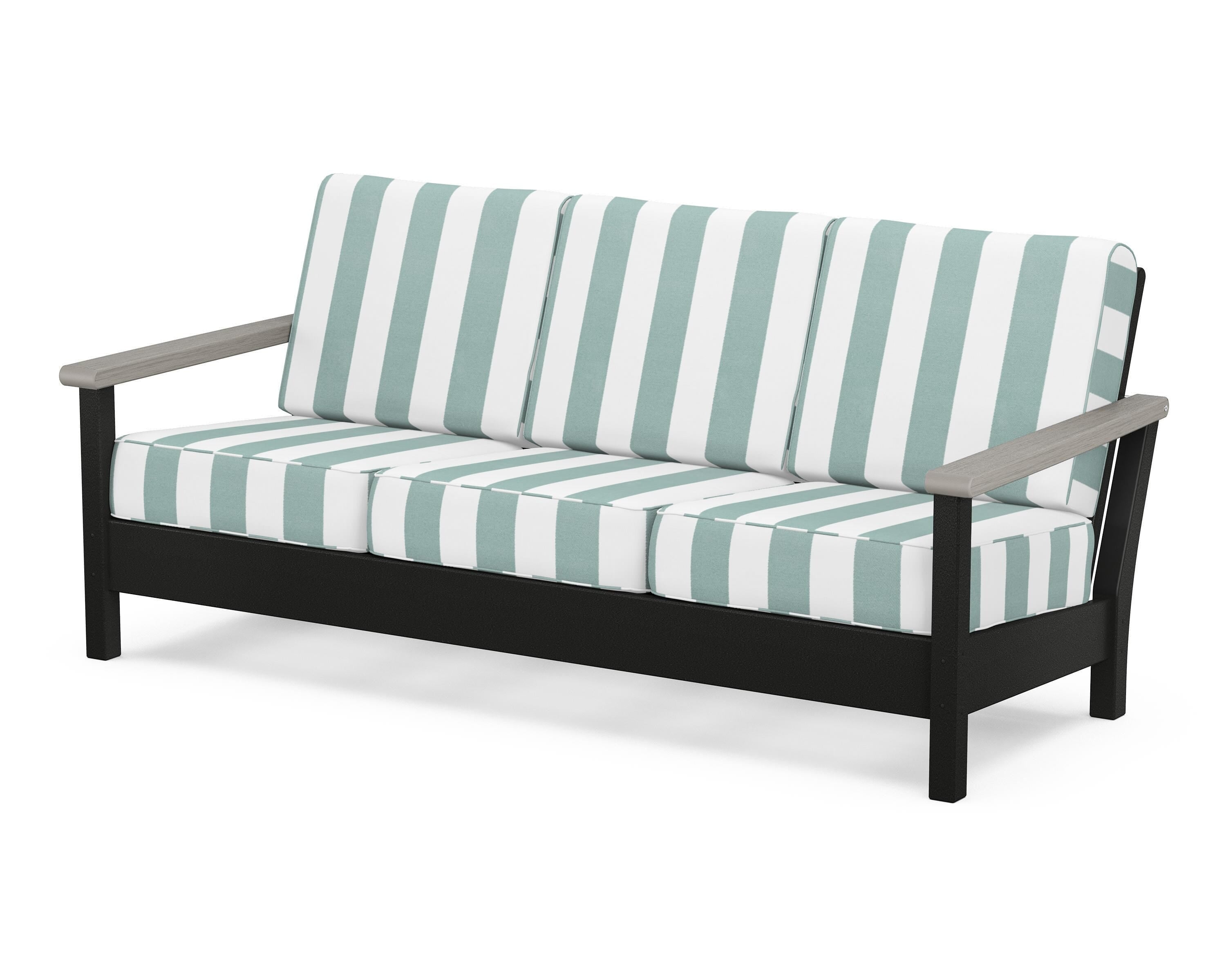 POLYWOOD® Harbour Deep Seating Sofa in Black / Driftwood / Cabana Stripe Glacier Spa