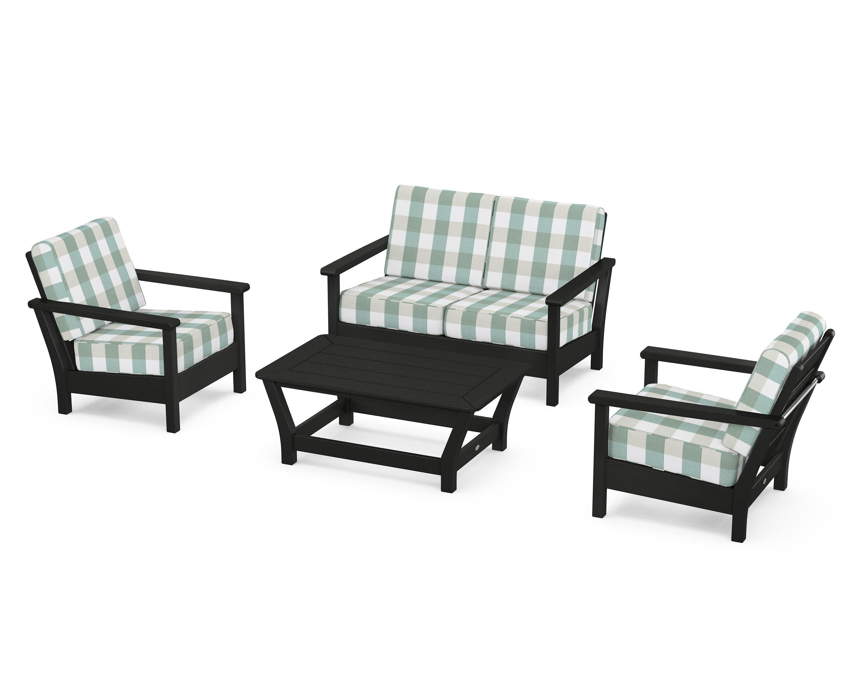 POLYWOOD® Harbour 4-Piece Deep Seating Set in Black / Buffalo Plaid Glacier Spa