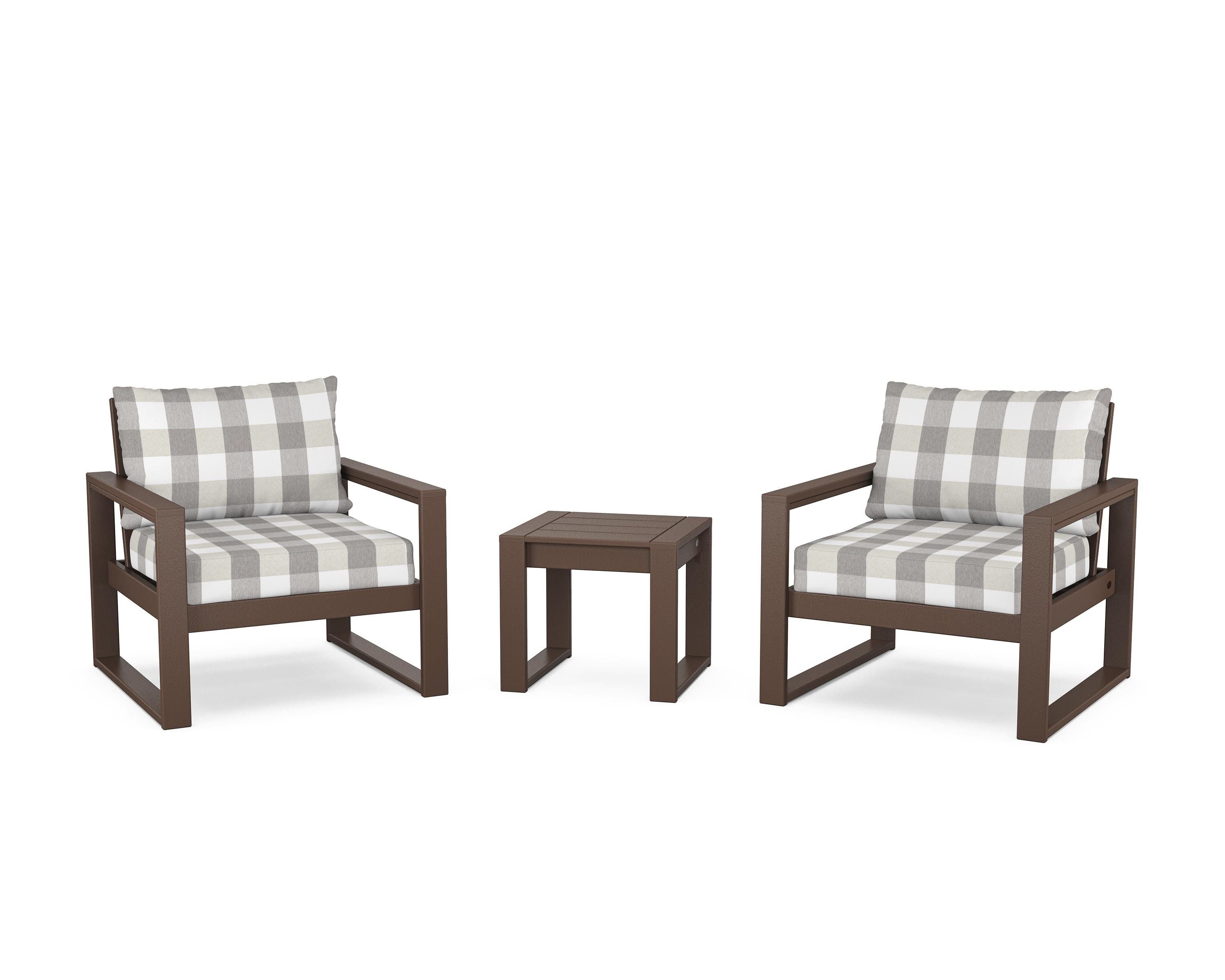 POLYWOOD® EDGE Sectional 3-Piece Deep Seating Set in Mahogany / Buffalo Plaid Grey Mist