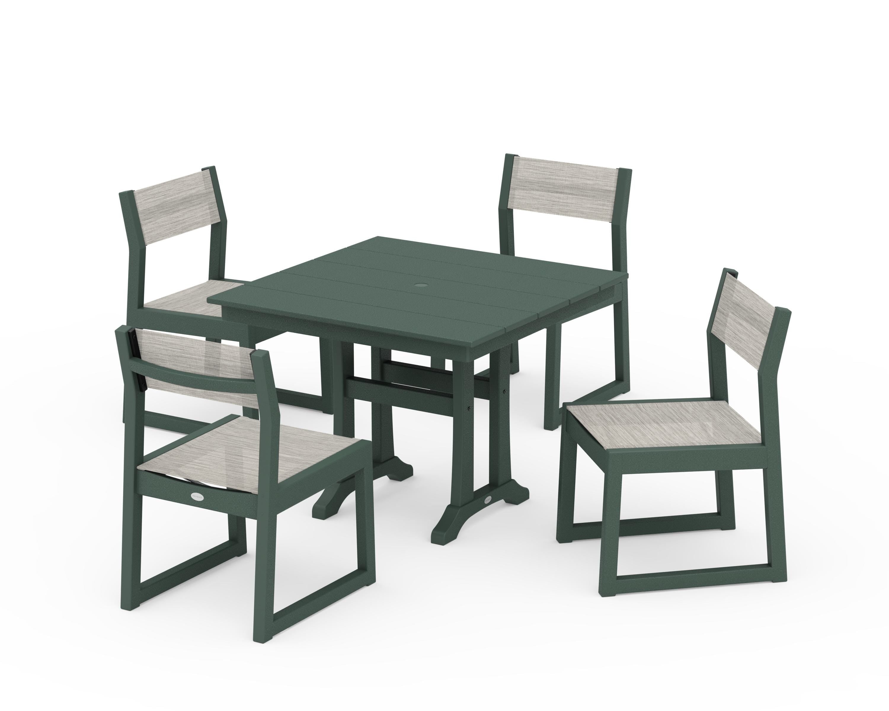 POLYWOOD® EDGE Sling 5-Piece Farmhouse Trestle Side Chair Dining Set in Green / Birch Sling