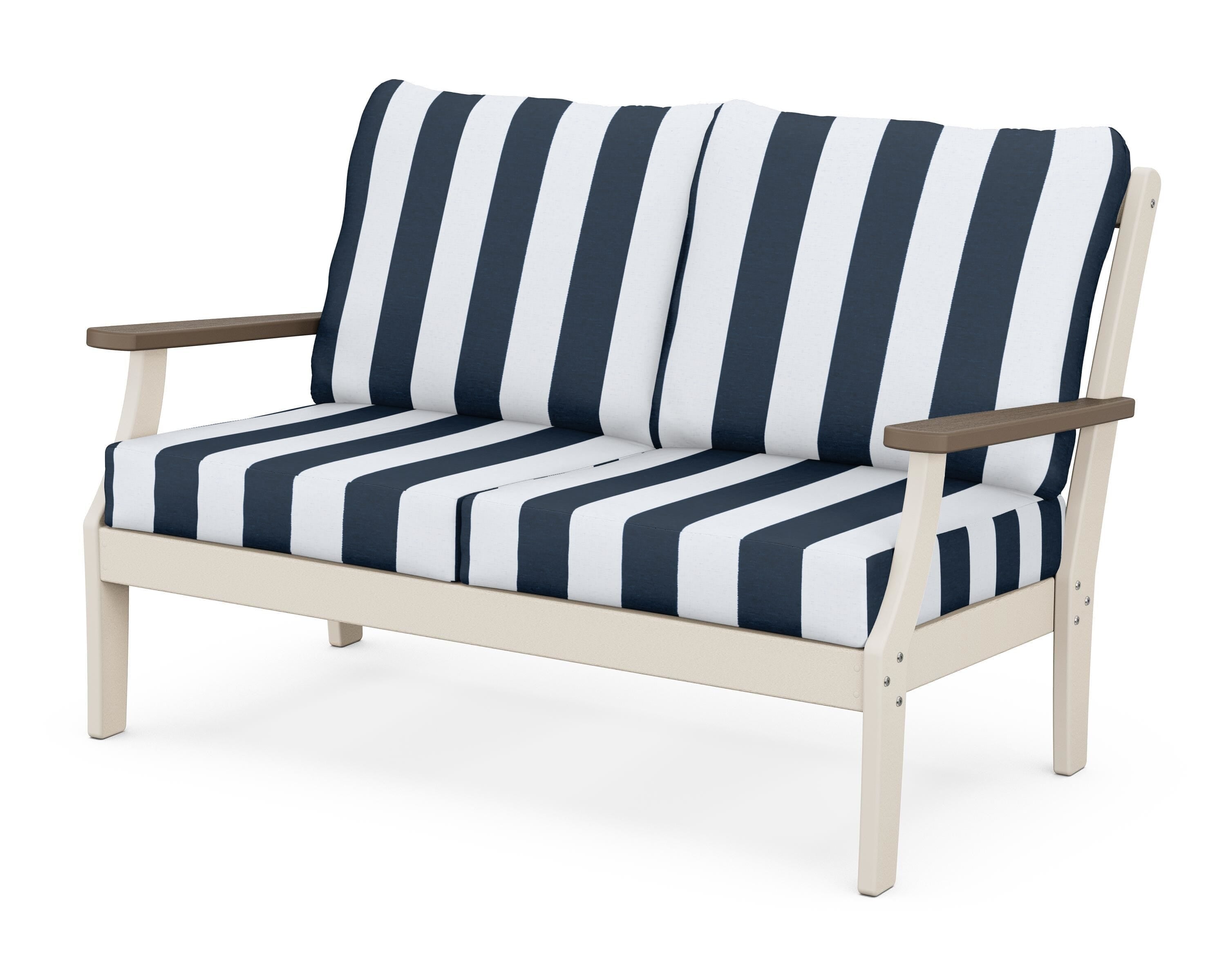 POLYWOOD® Braxton Deep Seating Loveseat in Sand / Kona / Cabana Stripe Marine Indigo