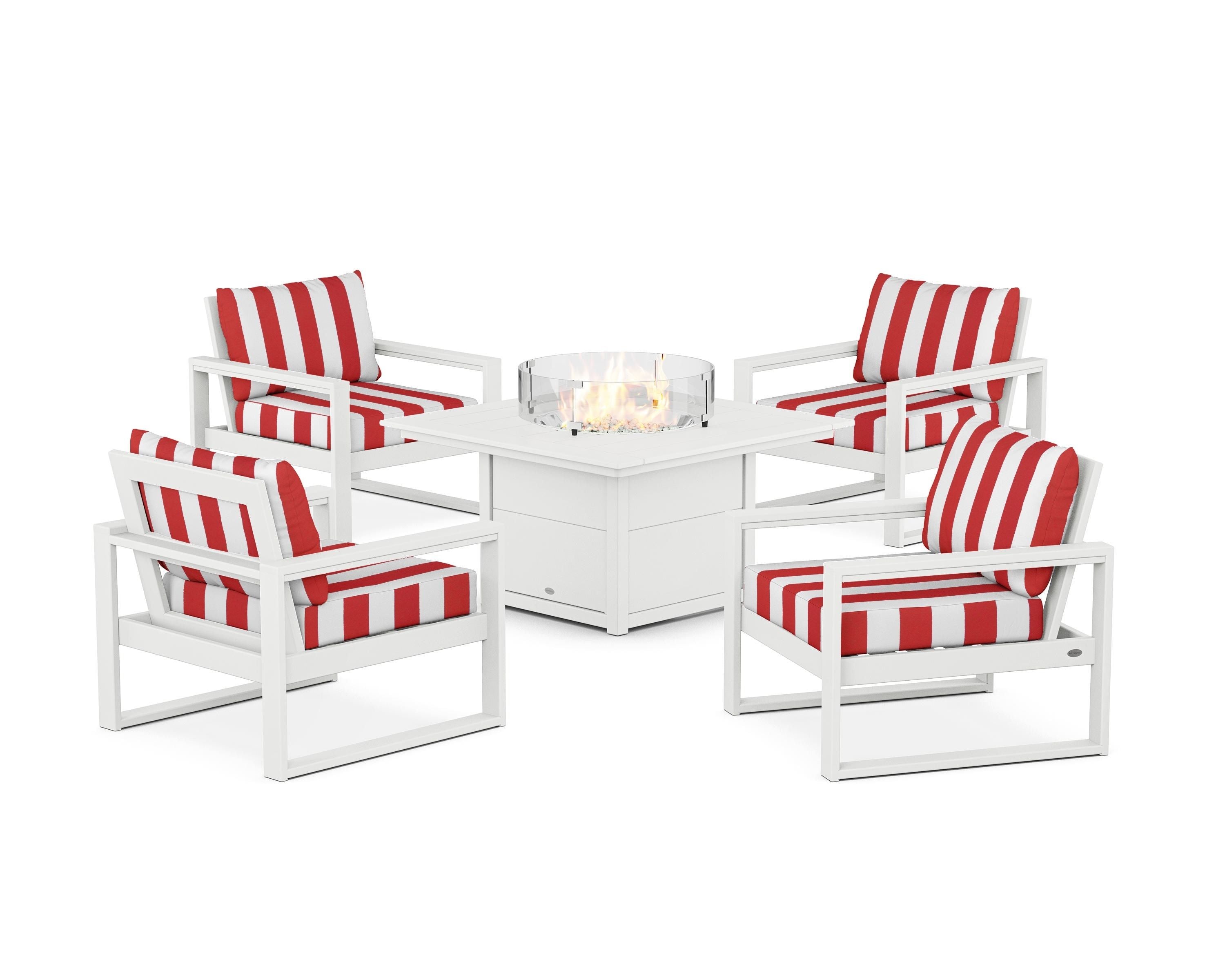 POLYWOOD® EDGE Sectional 5-Piece Deep Seating Set with Fire Pit Table in White / Cabana Stripe Crimson