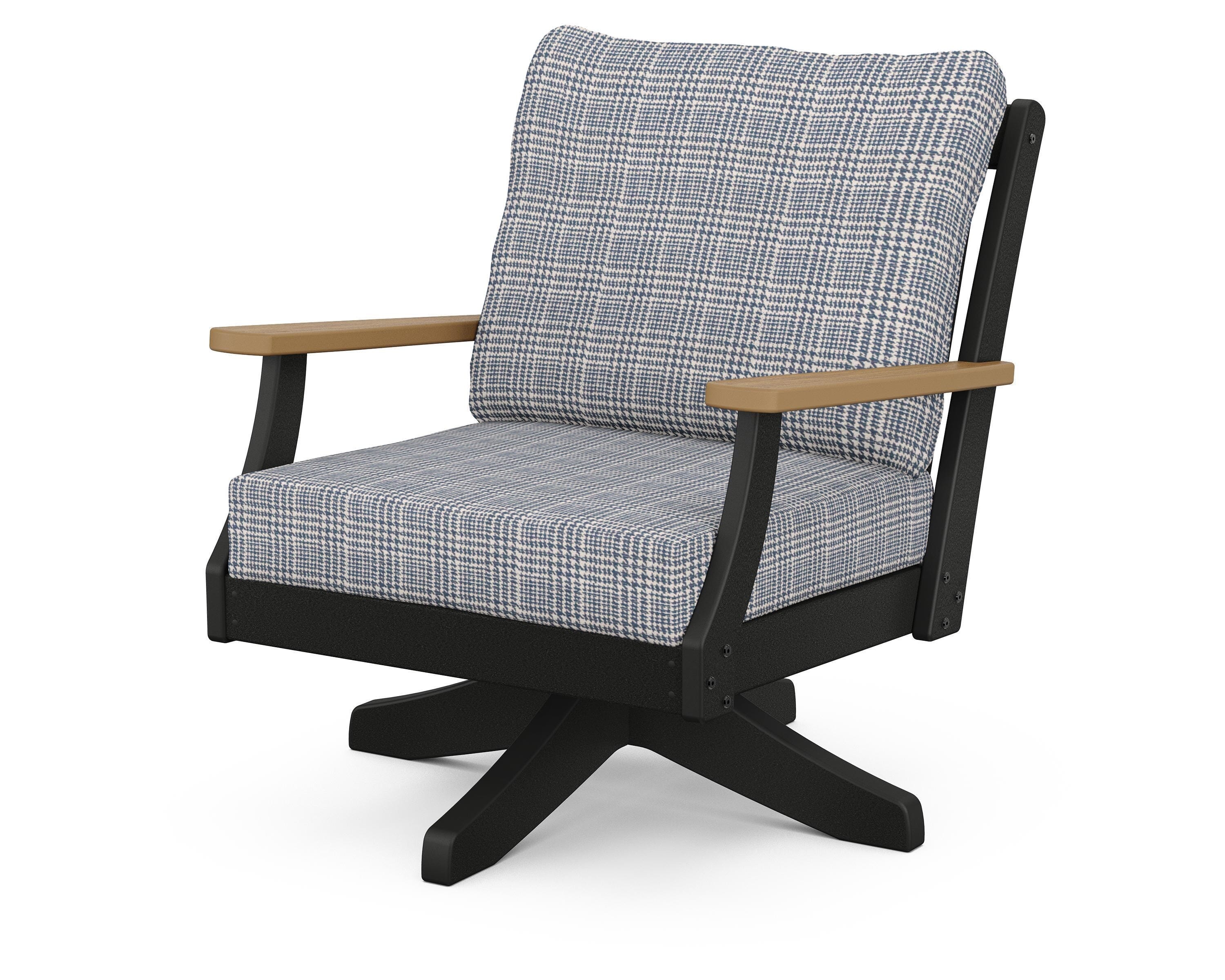 POLYWOOD® Braxton Deep Seating Swivel Chair in Black / Natural / Houndstooth Sky Blue