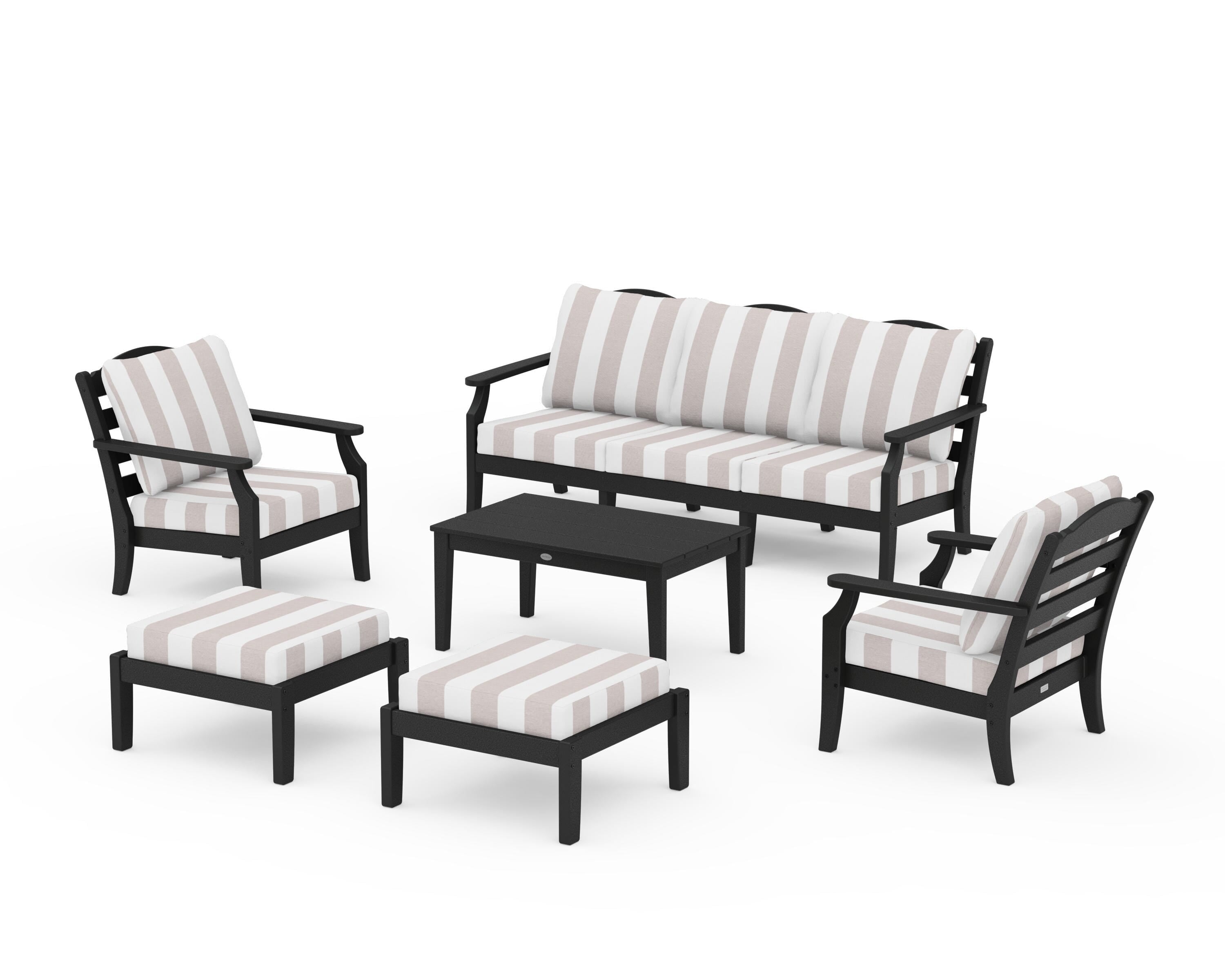 Draper James™ by POLYWOOD® Savannah 6-Piece Lounge Sofa Set in Black / Cabana Stripe Dune Burlap