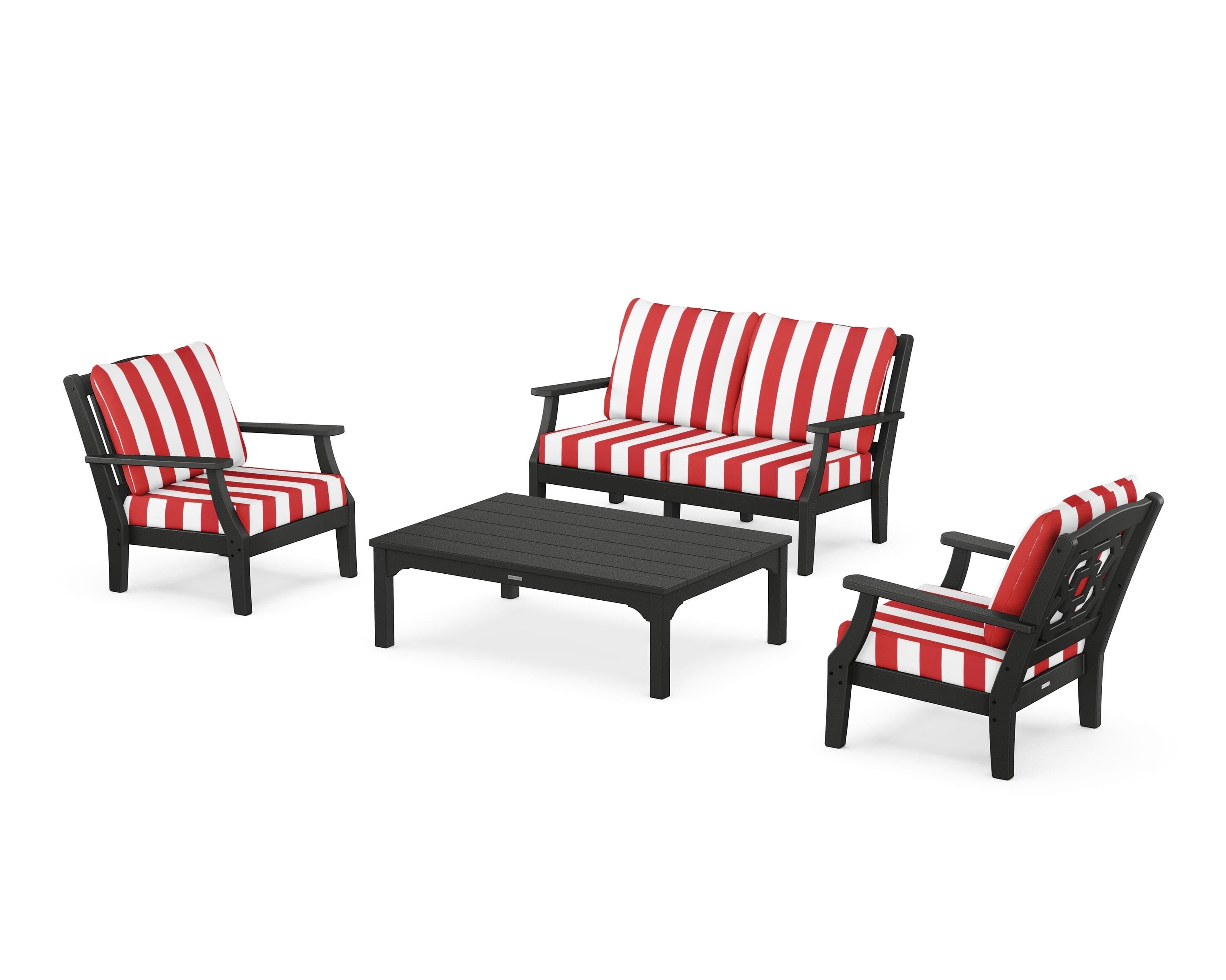 Martha Stewart by POLYWOOD® Chinoiserie 4-Piece Deep Seating Set with Loveseat in Black / Cabana Stripe Crimson