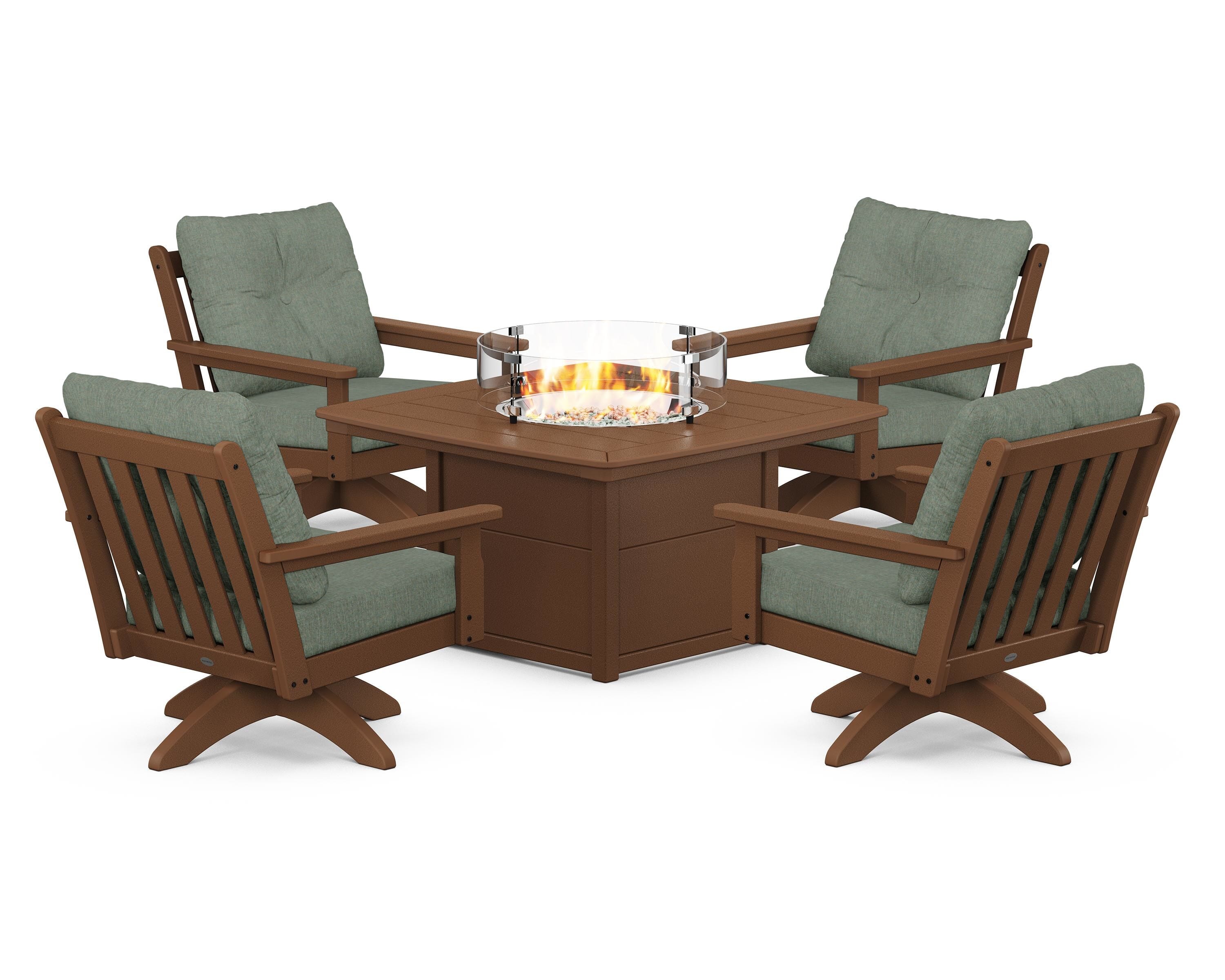 POLYWOOD® Vineyard 5-Piece Deep Seating Swivel Conversation Set with Fire Pit Table in Teak / Cast Sage