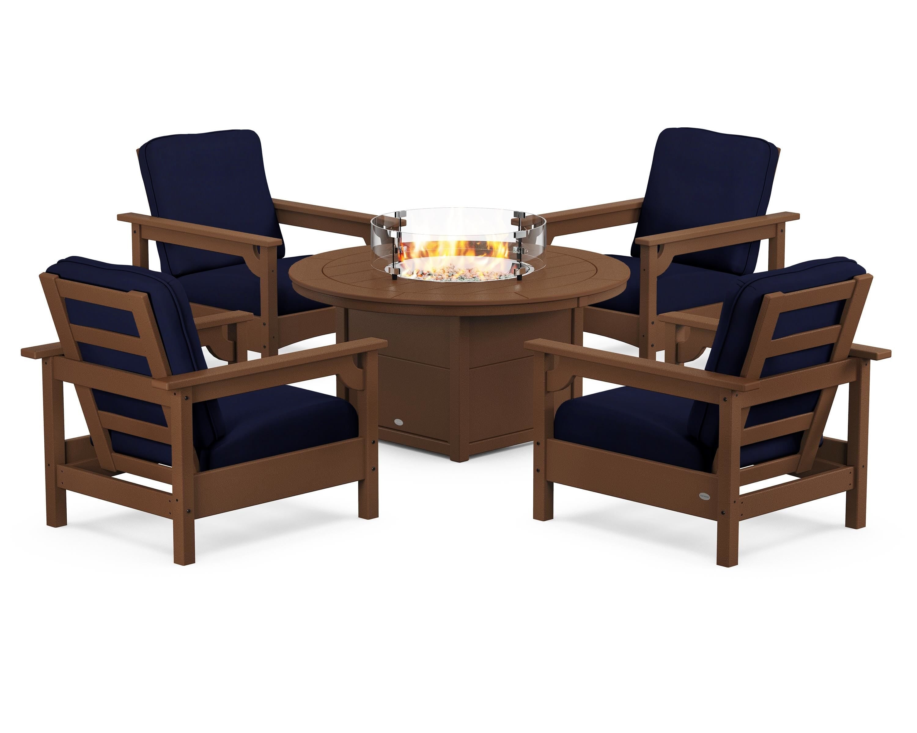 POLYWOOD® Club 5-Piece Conversation Set with Fire Pit Table in Teak / Navy