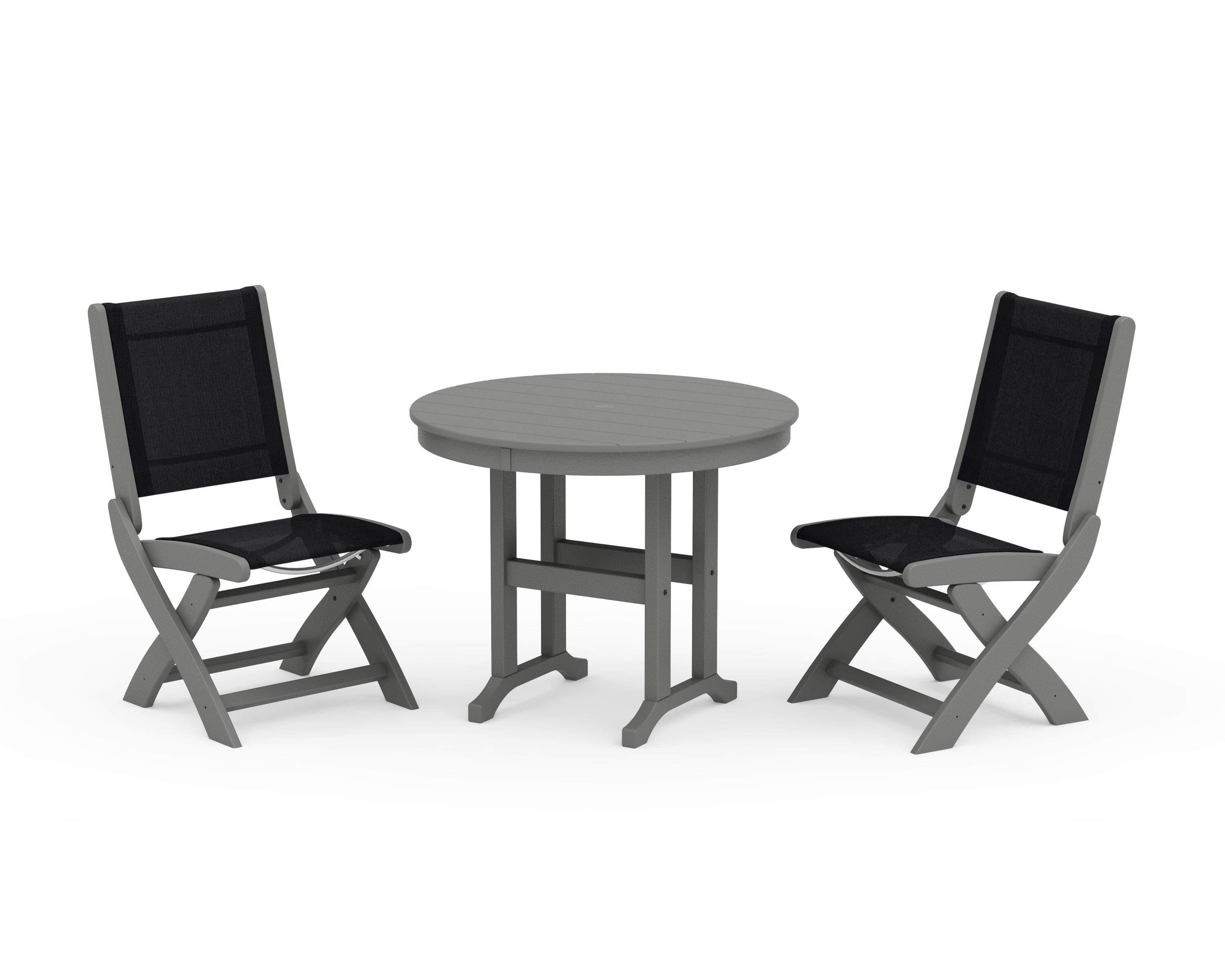 POLYWOOD® Coastal Folding Side Chair 3-Piece Round Dining Set in Slate Grey / Black Sling