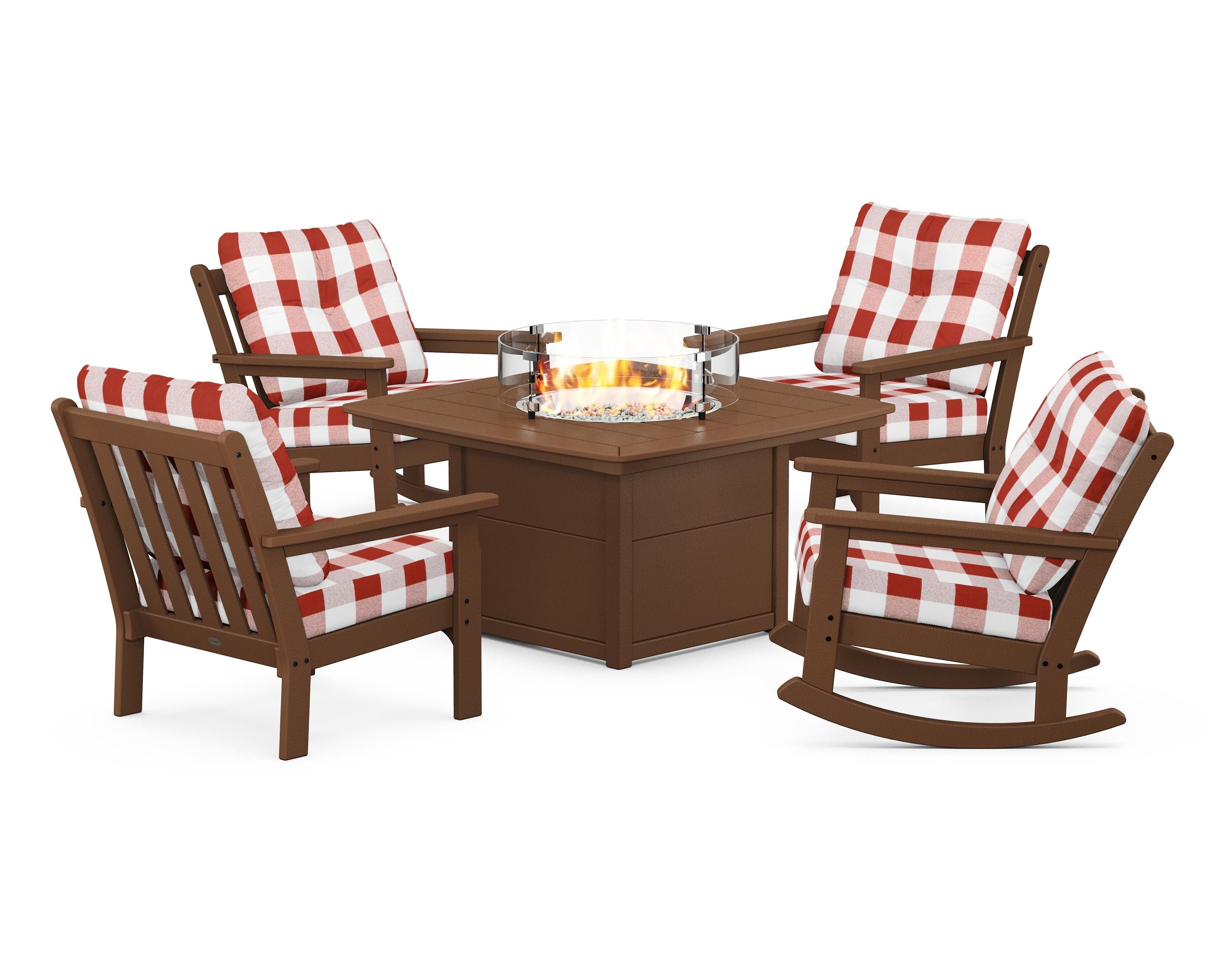 POLYWOOD® Vineyard 5-Piece Deep Seating Rocking Chair Conversation Set with Fire Pit Table in Teak / Buffalo Plaid Crimson