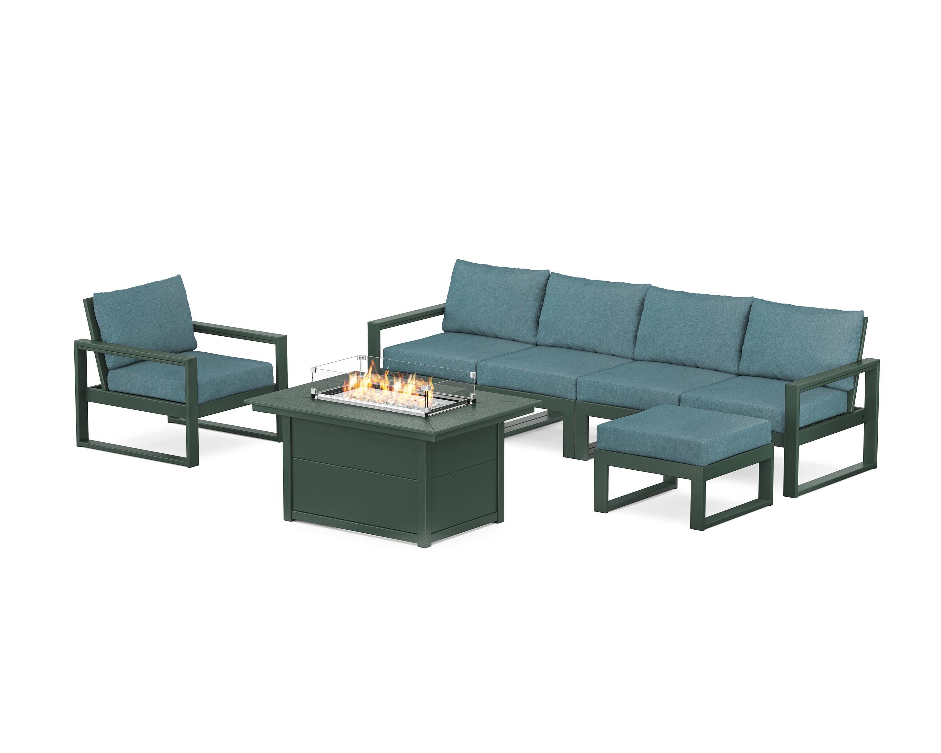 POLYWOOD® EDGE Sectional Lounge and Fire Pit Set in Green / Ocean Teal