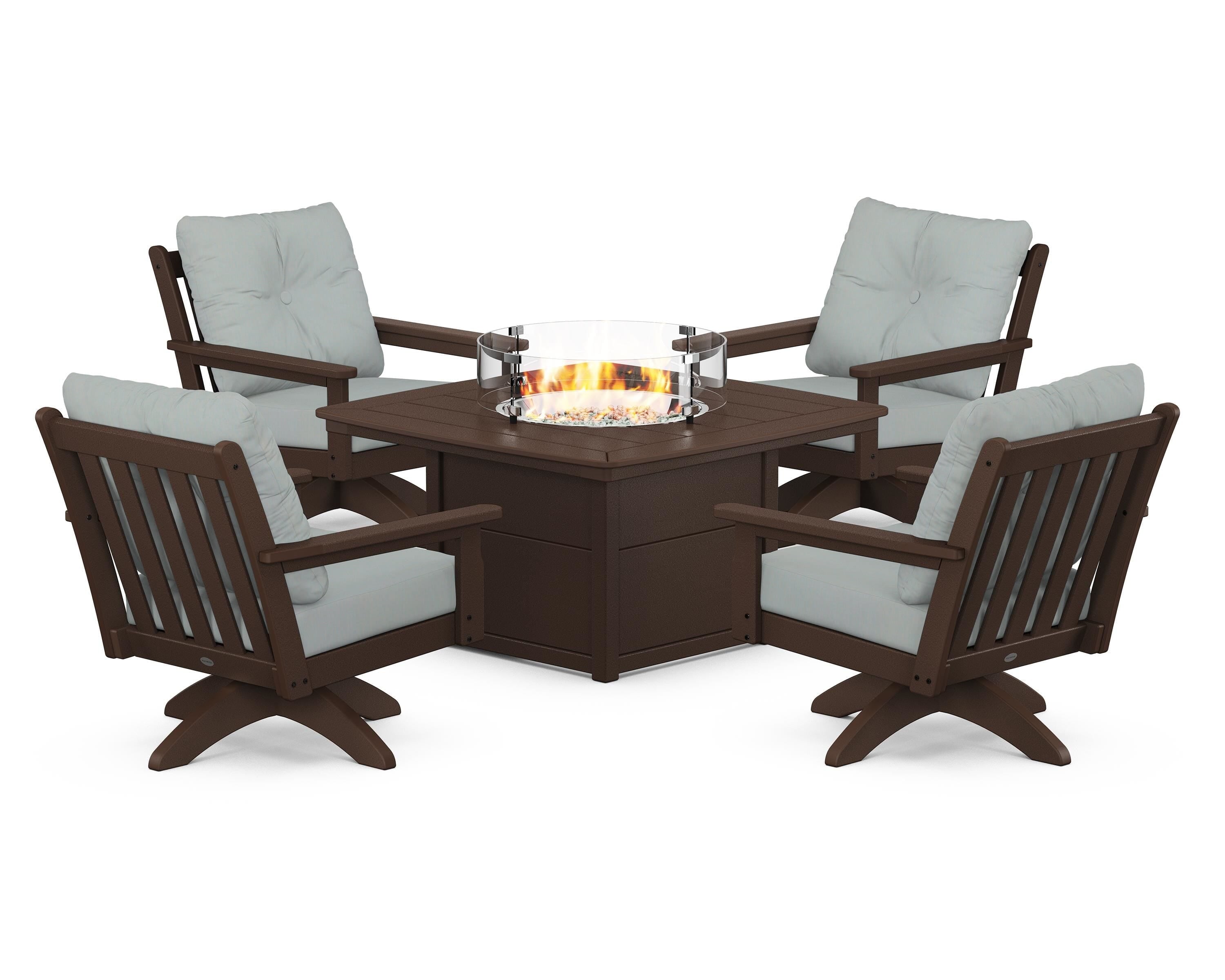 POLYWOOD® Vineyard 5-Piece Deep Seating Swivel Conversation Set with Fire Pit Table in Mahogany / Spa