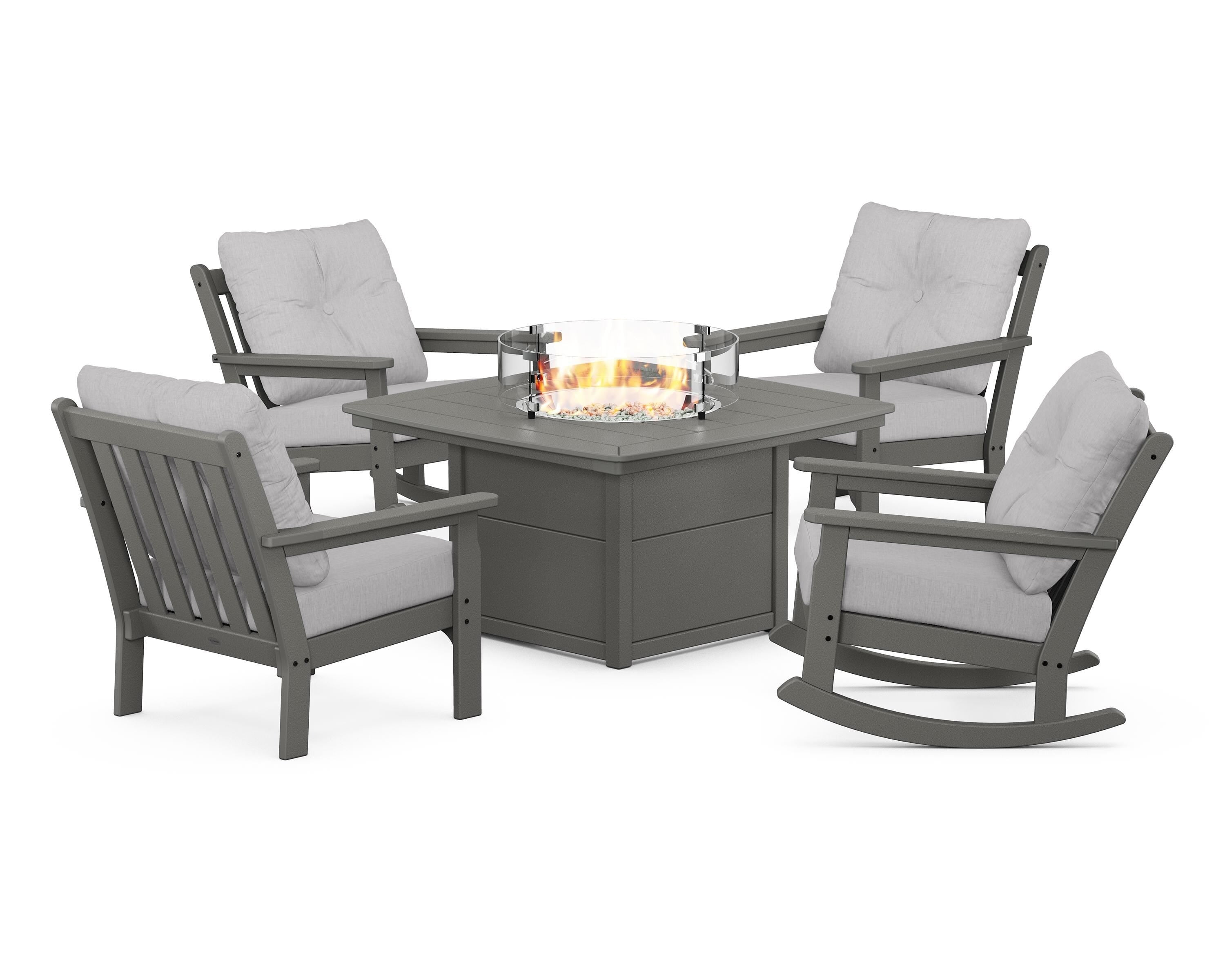 POLYWOOD® Vineyard 5-Piece Deep Seating Rocking Chair Conversation Set with Fire Pit Table in Slate Grey / Granite