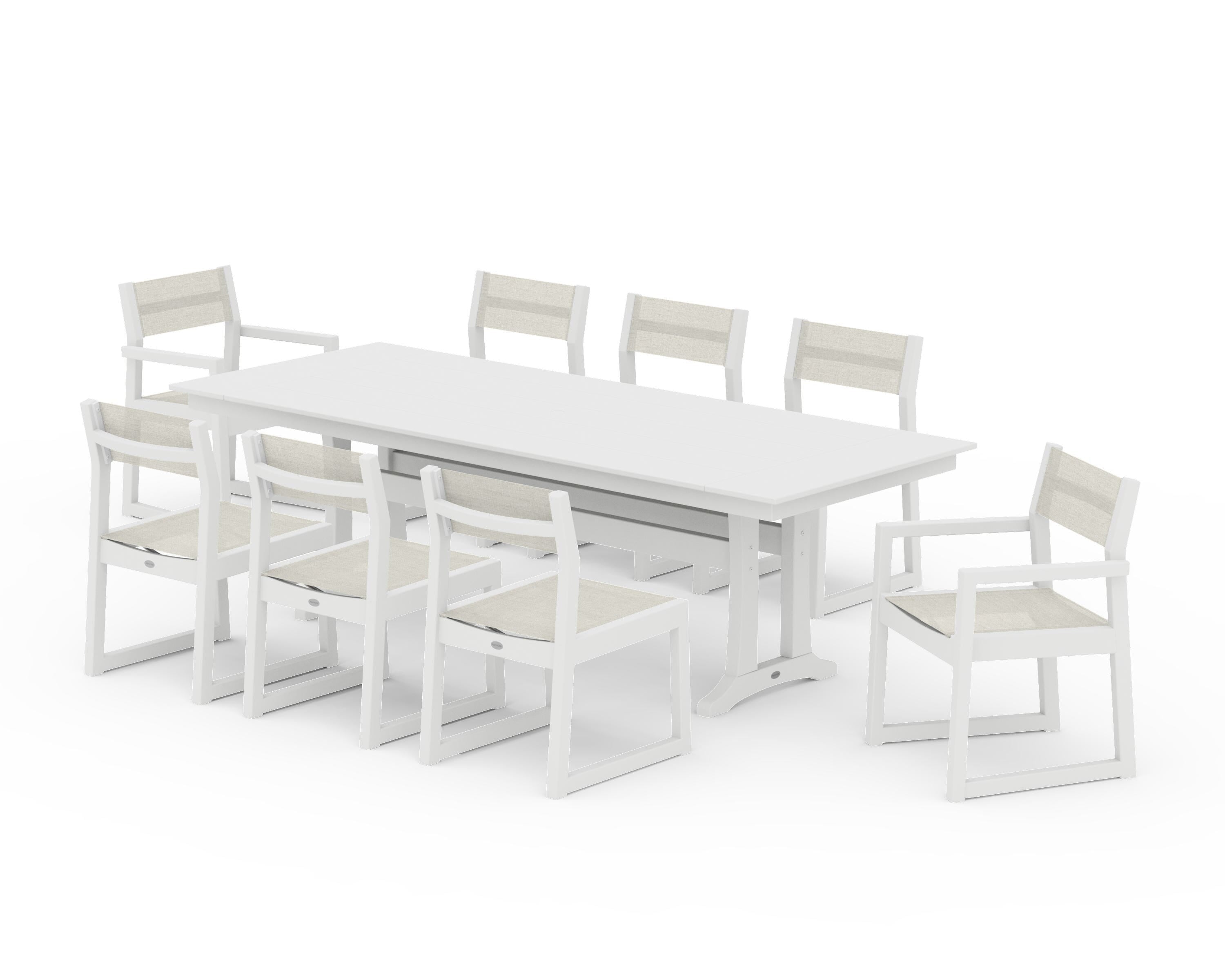 POLYWOOD® EDGE Sling 9-Piece Farmhouse Trestle Dining Set in White / Parchment Sling