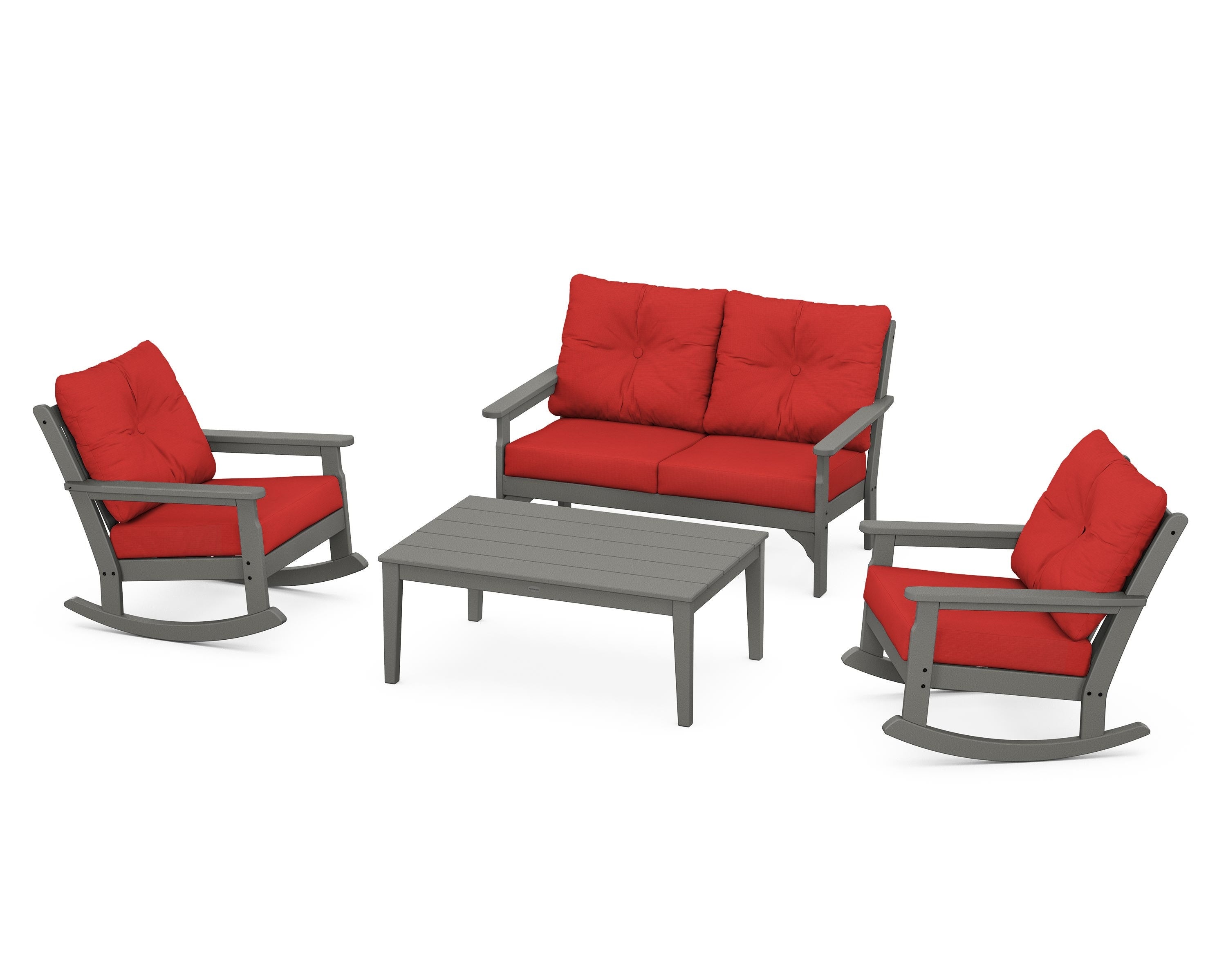 POLYWOOD® Vineyard 4-Piece Deep Seating Rocking Chair Set in Slate Grey / Crimson Linen