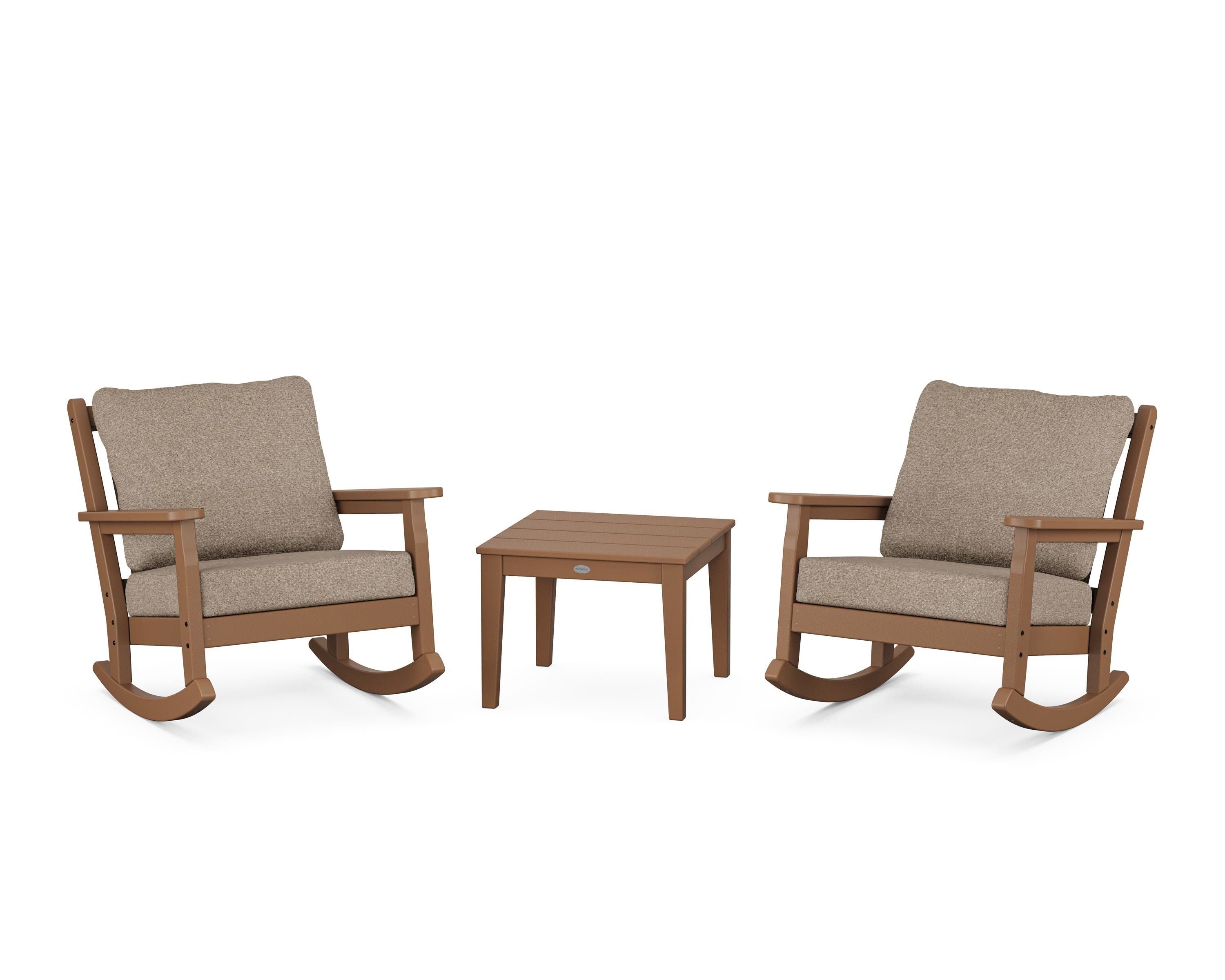 POLYWOOD® Chippendale 3-Piece Deep Seating Rocker Set in Teak / Spiced Burlap