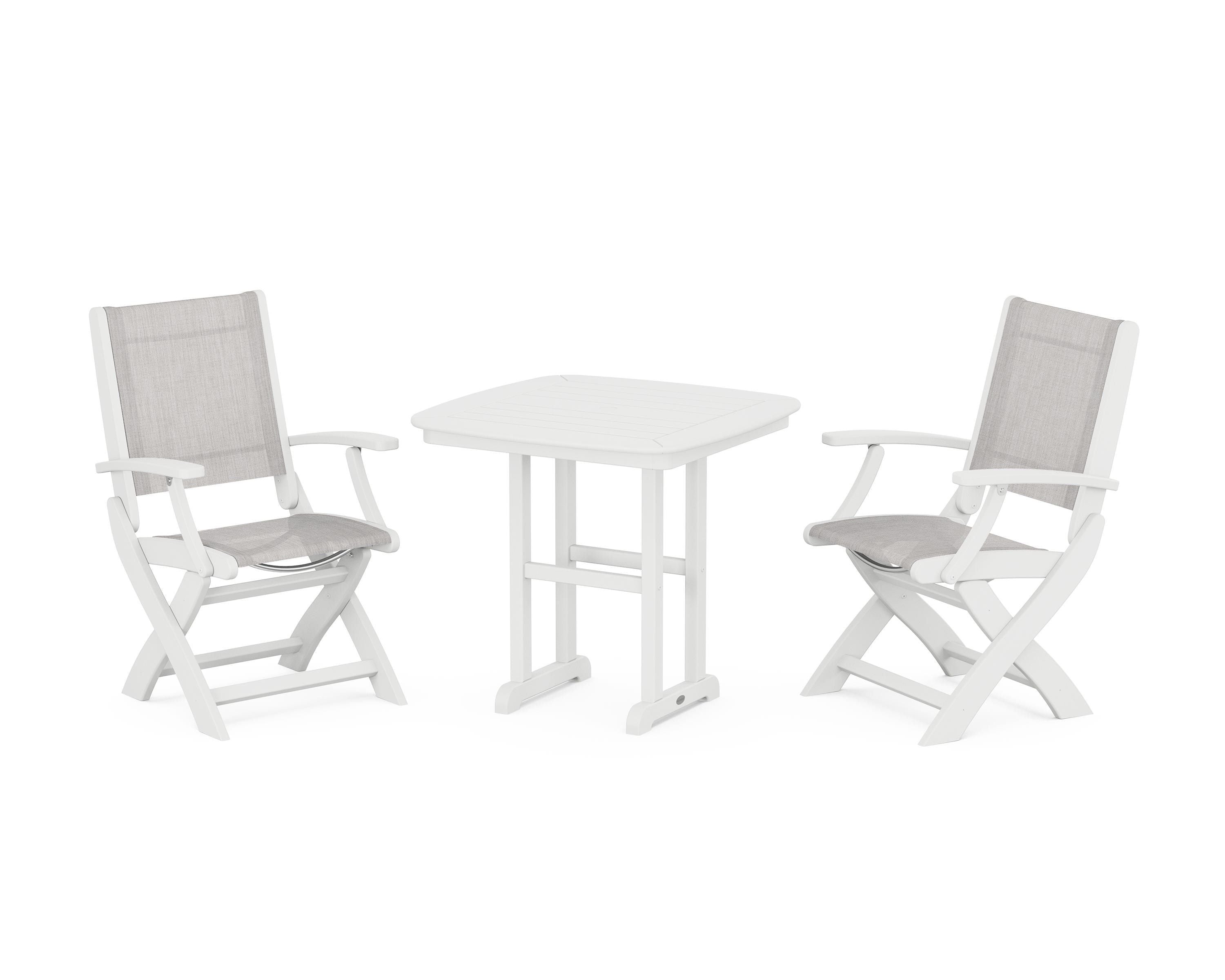 POLYWOOD® Coastal Folding Chair 3-Piece Dining Set in White / Parchment Sling