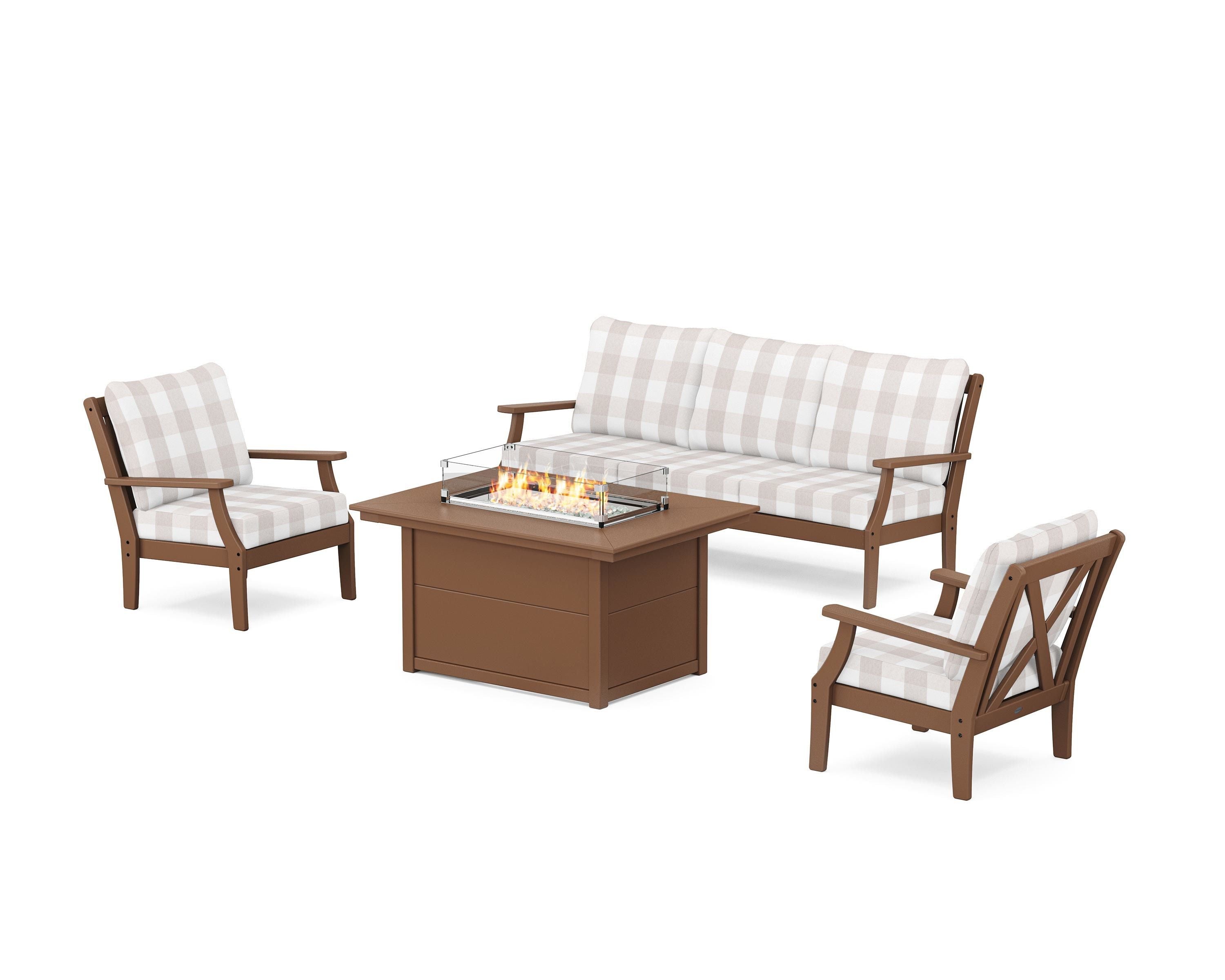 POLYWOOD® Braxton Deep Seating Fire Pit Table Set in Teak / Buffalo Plaid Dune Burlap