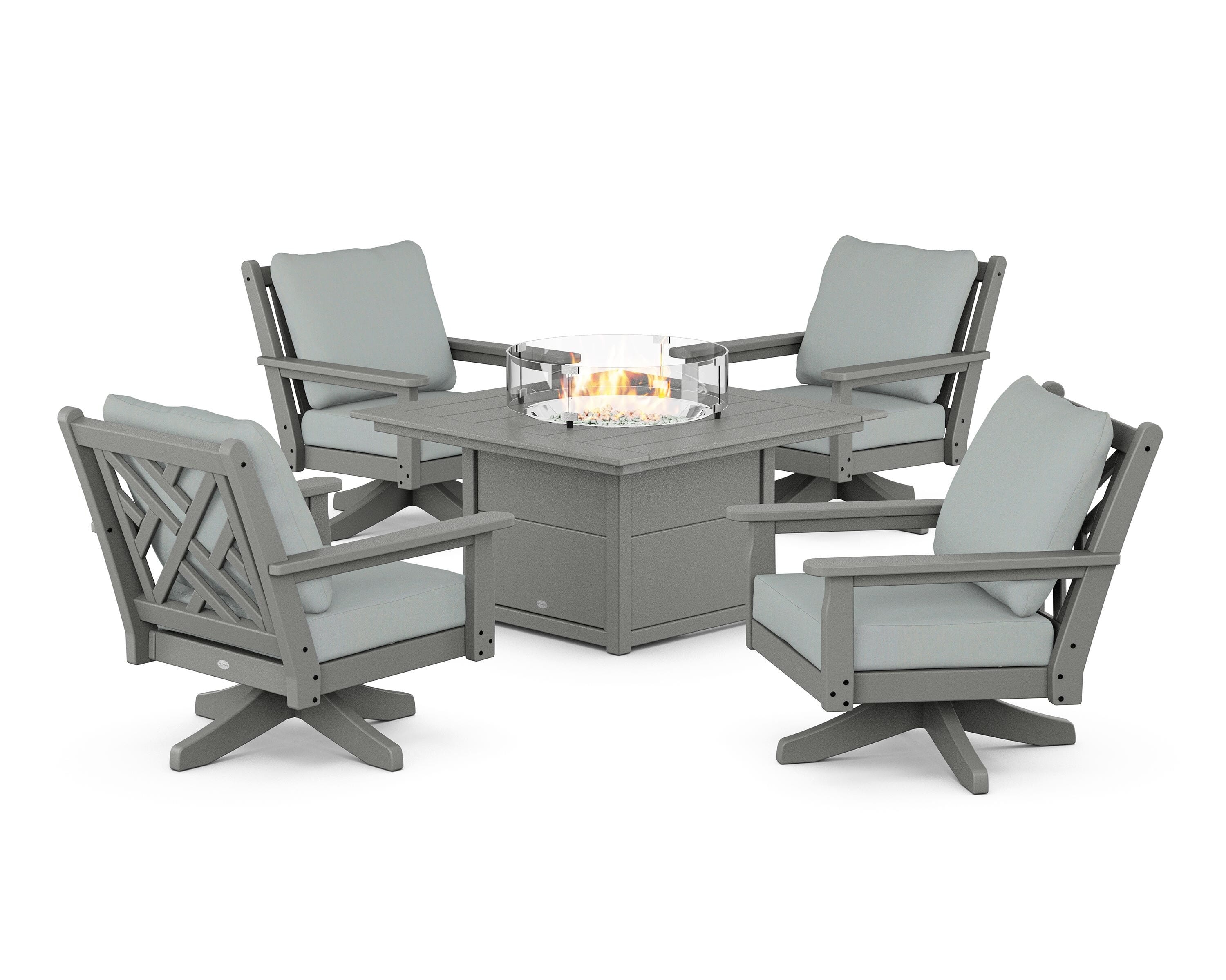 POLYWOOD® Chippendale 5-Piece Deep Seating Swivel Conversation Set with Fire Pit Table in Slate Grey / Spa
