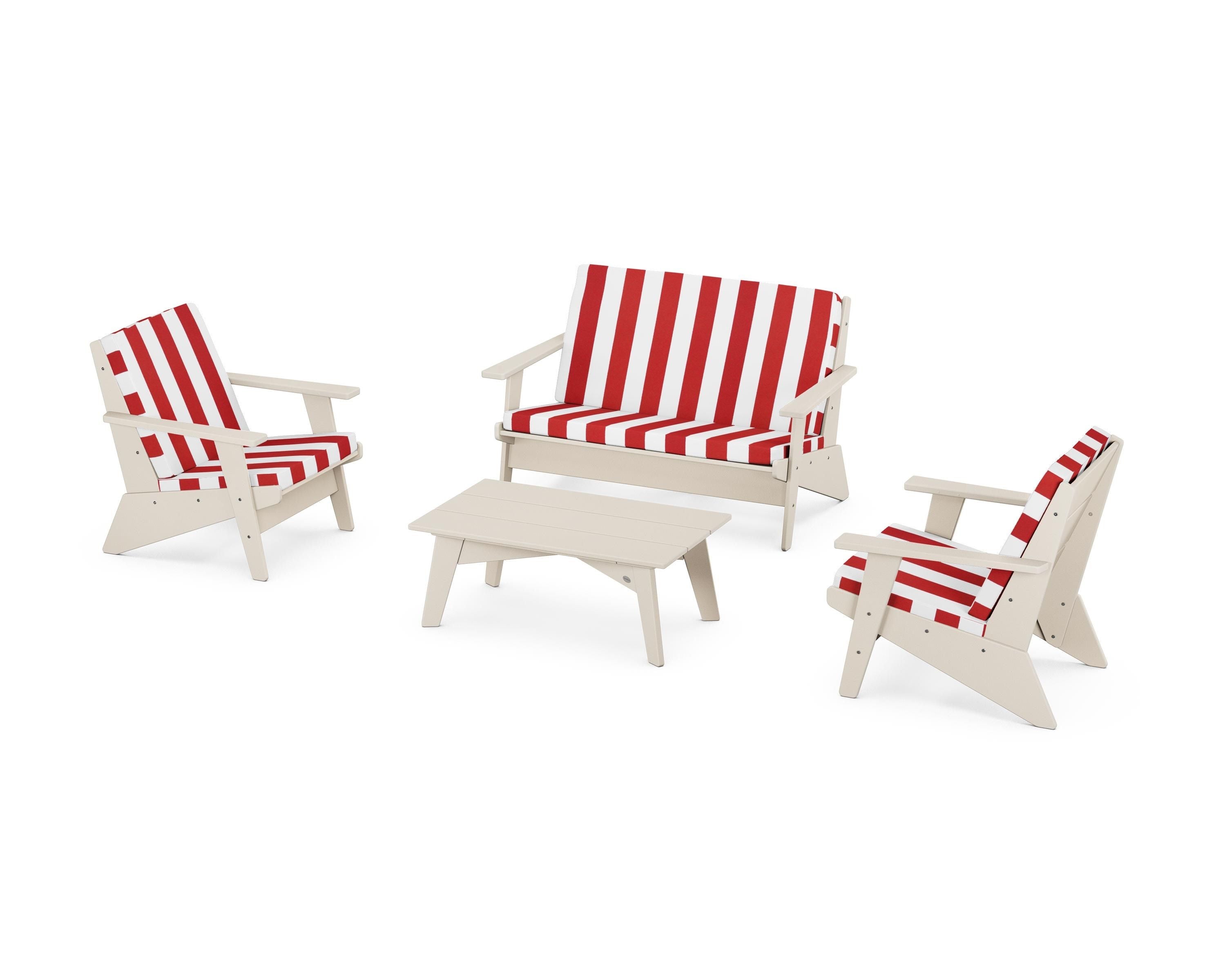 POLYWOOD® Riviera Modern Lounge 4-Piece Set in Sand / Cabana Stripe Crimson