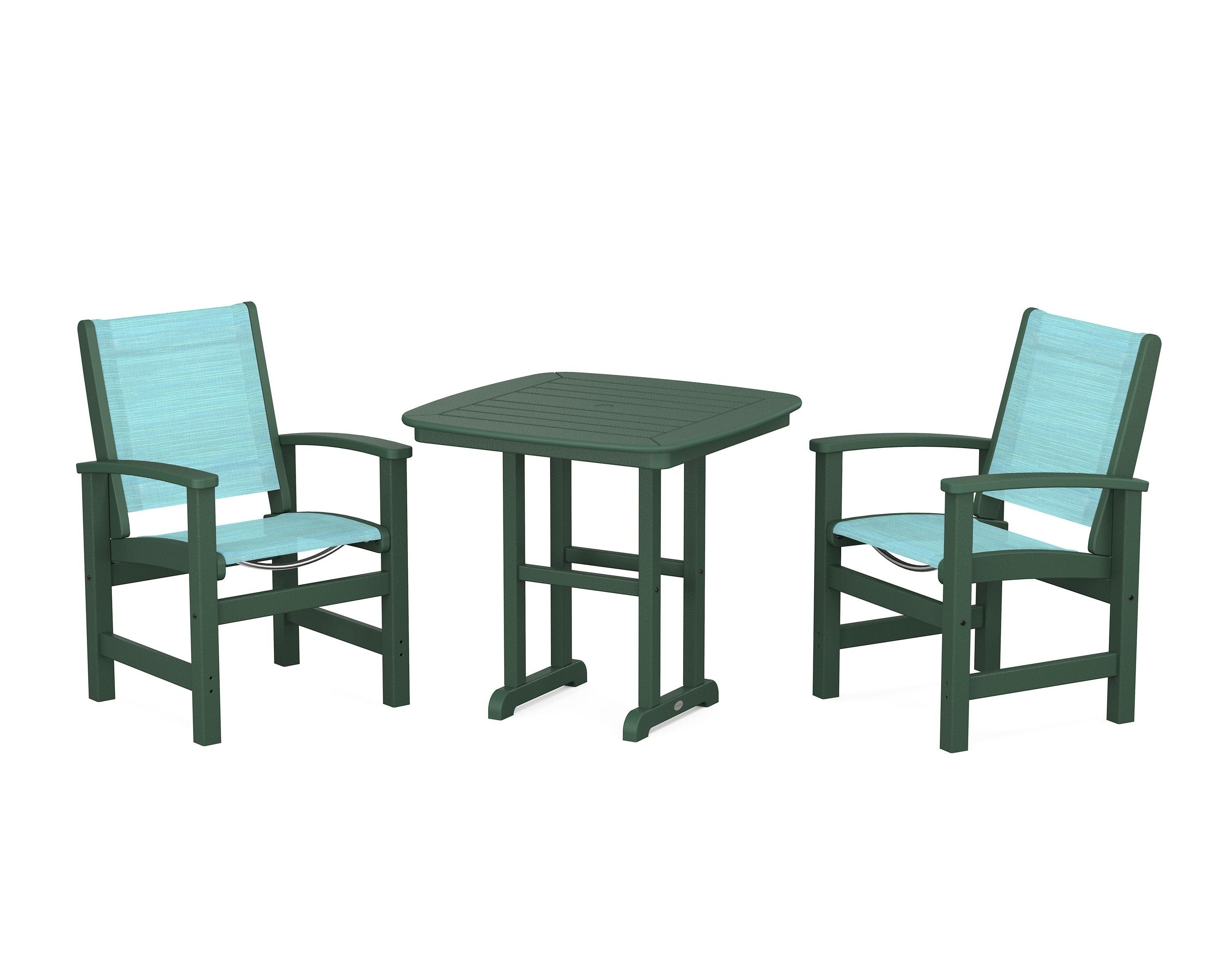 POLYWOOD® Coastal 3-Piece Dining Set in Green / Dupioni Aquamarine Sling
