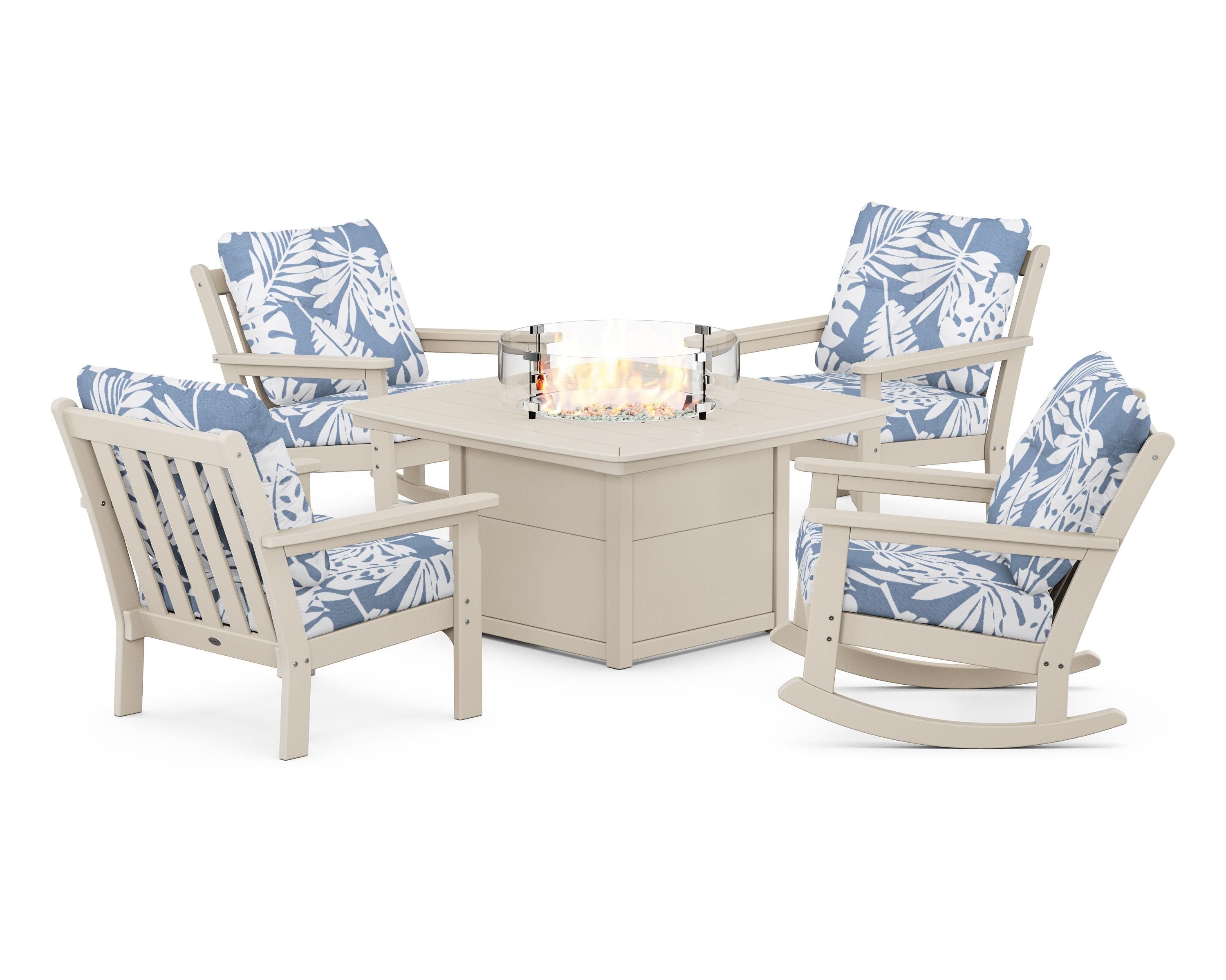 POLYWOOD® Vineyard 5-Piece Deep Seating Rocking Chair Conversation Set with Fire Pit Table in Sand / Leaf Sky Blue