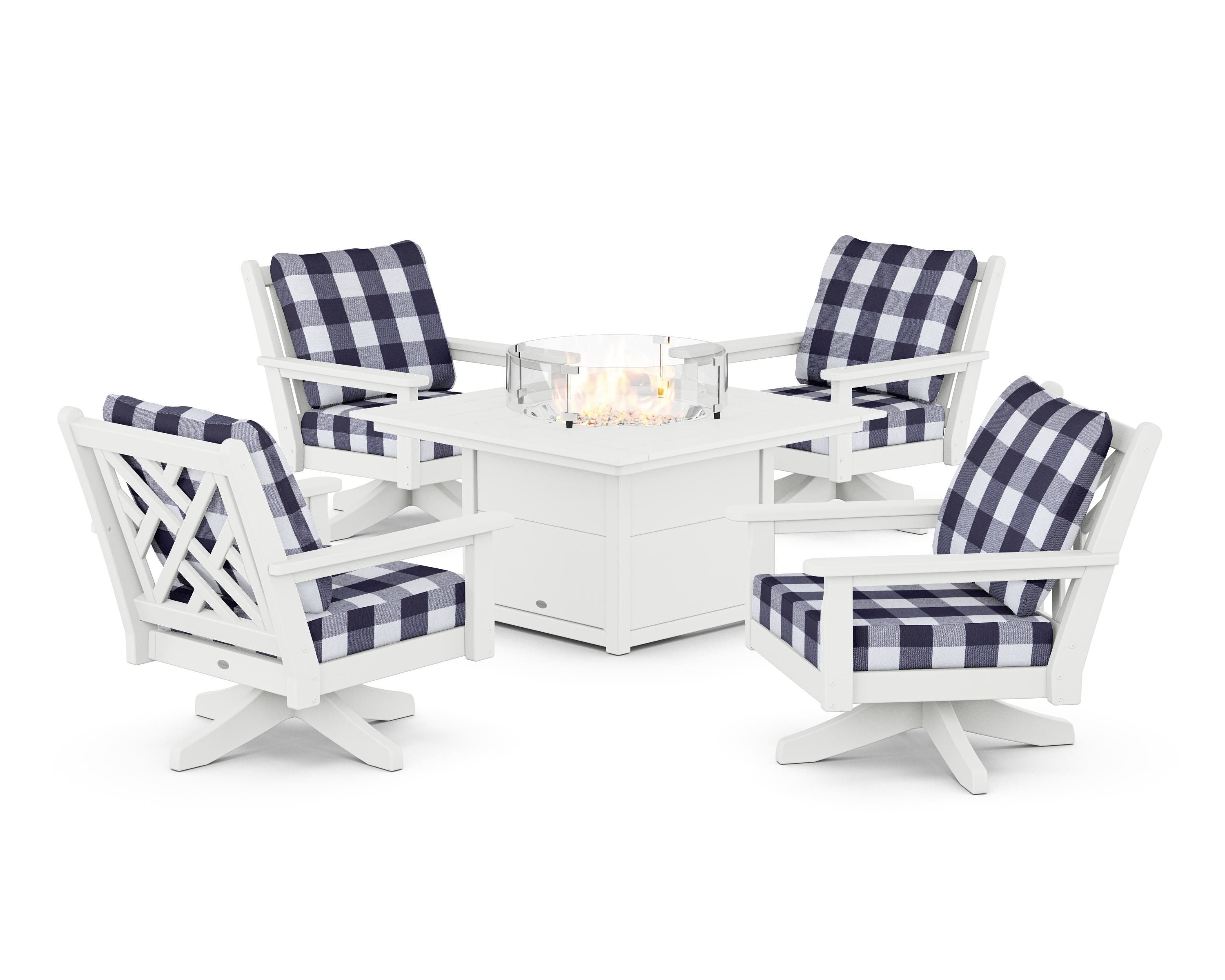 POLYWOOD® Chippendale 5-Piece Deep Seating Swivel Conversation Set with Fire Pit Table in White / Buffalo Plaid Navy