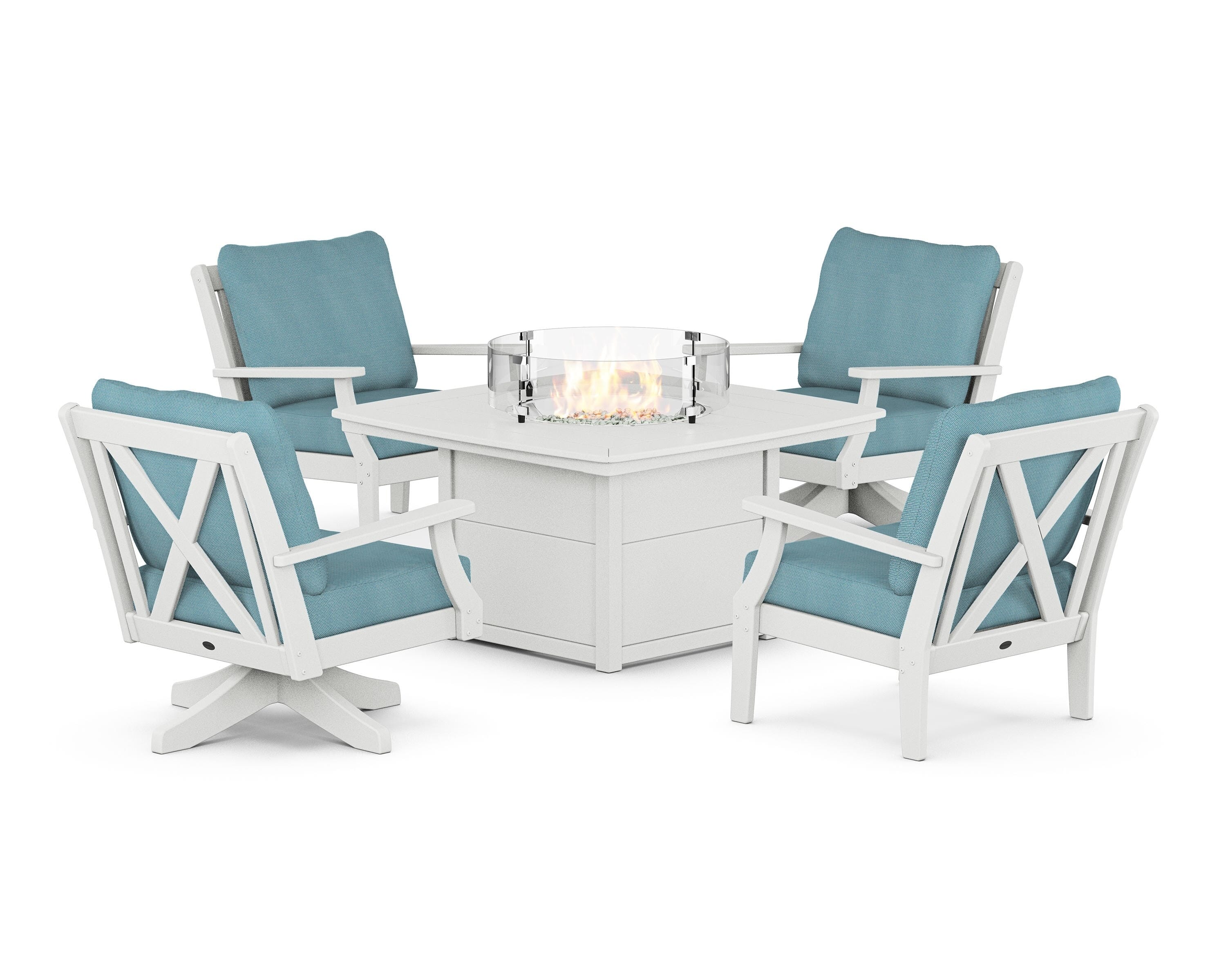 POLYWOOD® Braxton 5-Piece Deep Seating Set with Fire Table in White / Lattice Sky Blue