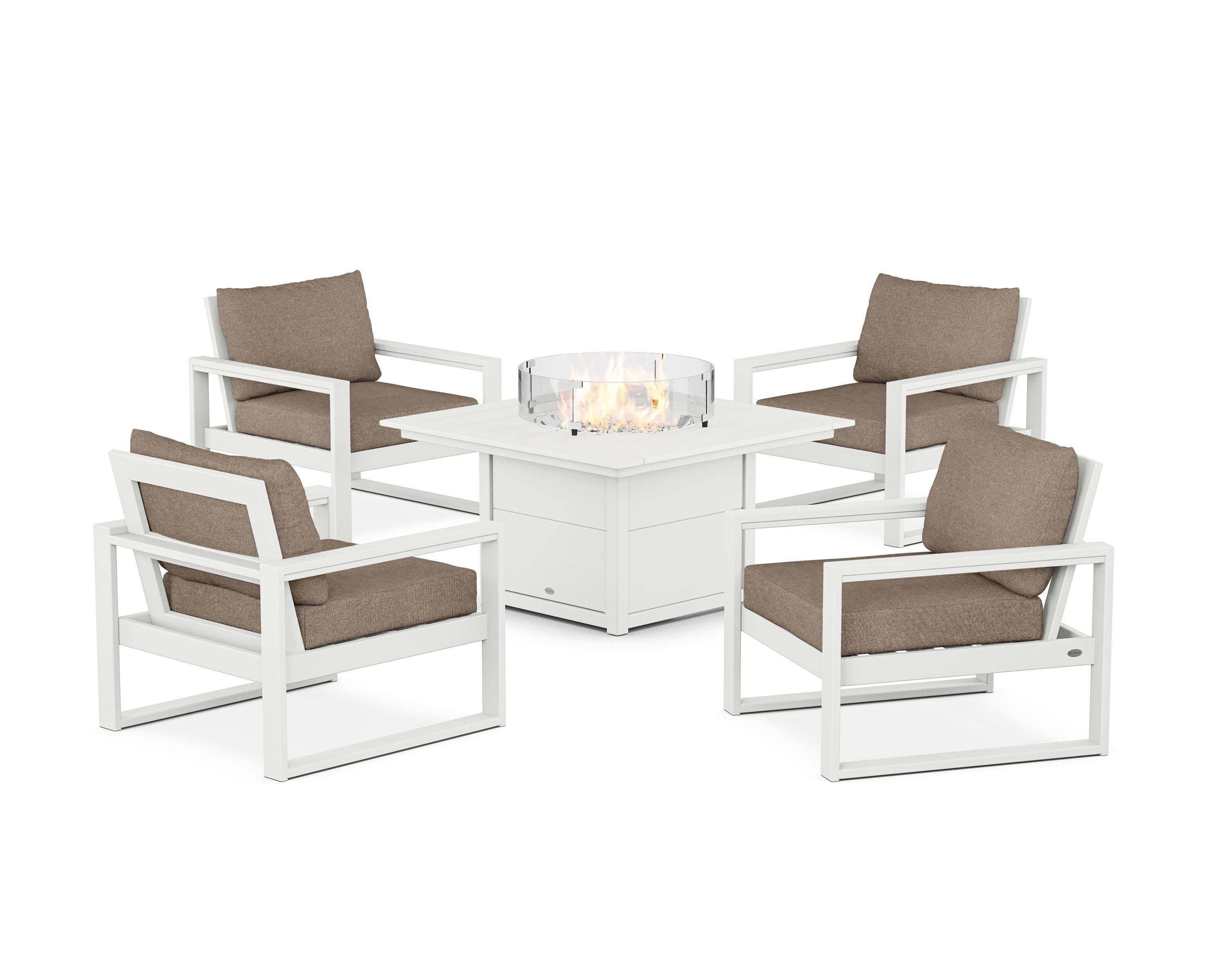 POLYWOOD® EDGE Sectional 5-Piece Deep Seating Set with Fire Pit Table in White / Spiced Burlap