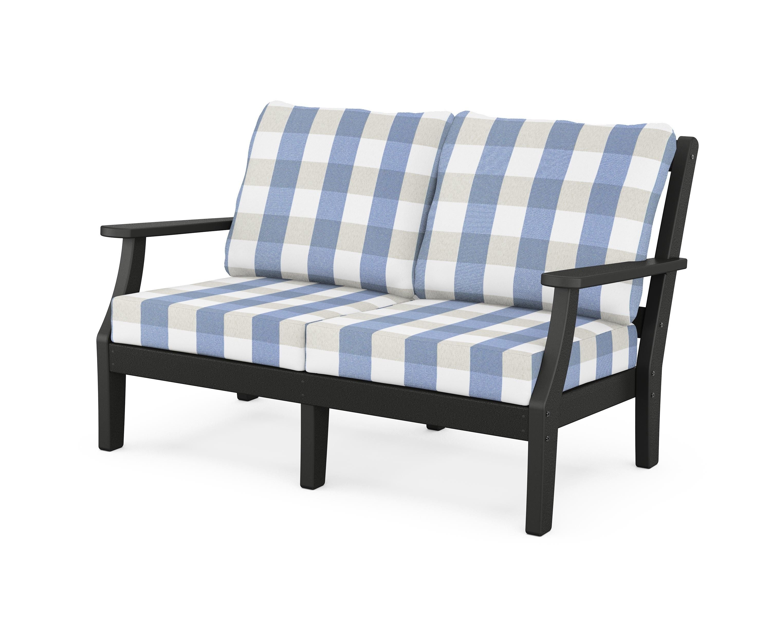 Martha Stewart by POLYWOOD® Chinoiserie Deep Seating Loveseat in Black / Buffalo Plaid Sky Blue